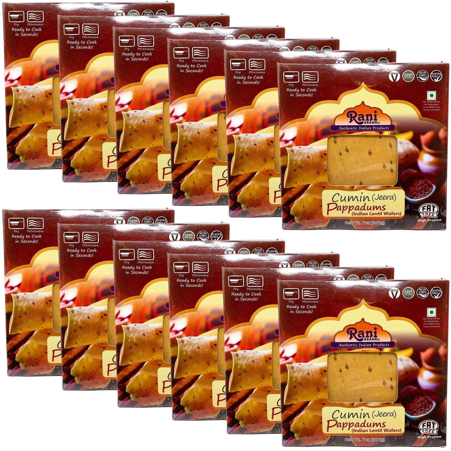 Rani Pappadums (Indian Lentil Wafer Snack) Jeera (Cumin) Papad 7oz (200g) Approximately 15pc, 7 inches, Pack of 12 ~ All Natural