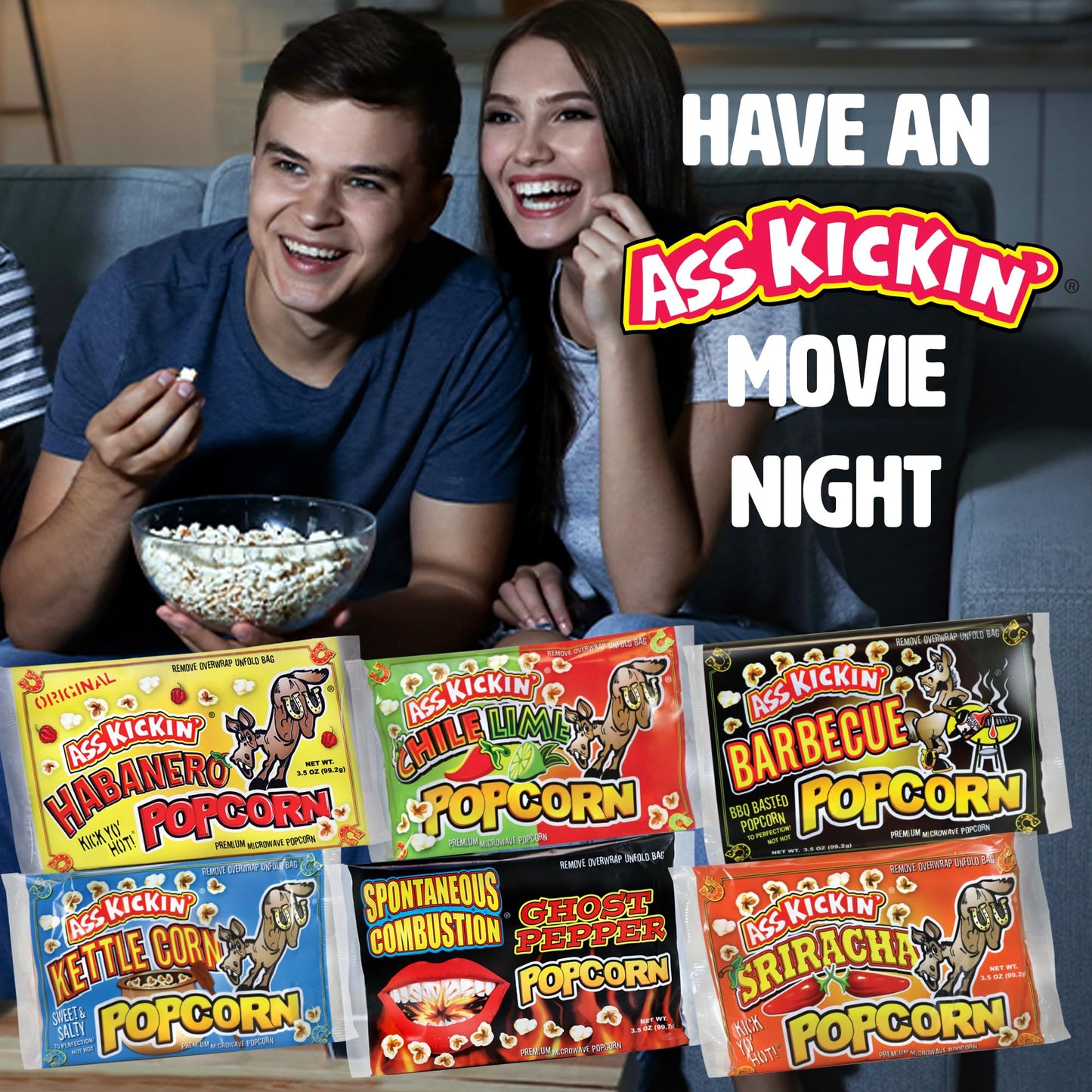 ASS KICKIN Microwave Popcorn Variety Gift Pack - Spicy Gourmet Snacks, 3.5 Ounce (Pack of 6)