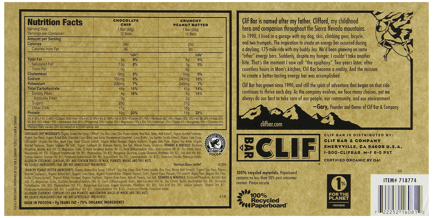 Clif Bar Variety Pack, Chocolate Chip, Crunchy Peanut Butter, 2.4 Oz. Nutrition Bars, 24 Count