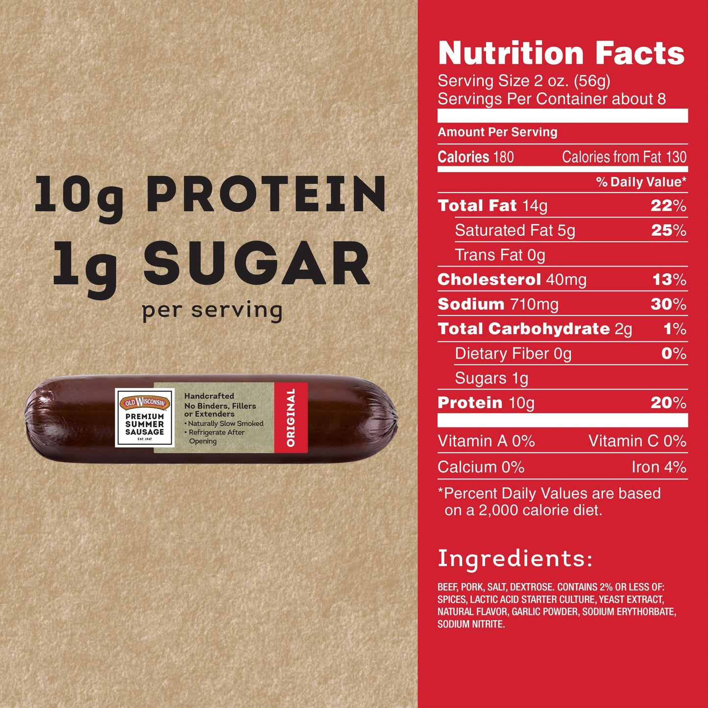 Old Wisconsin Summer Sausage, 100% Natural, High Protein, Low Carb, Gluten Free, 16 Ounce