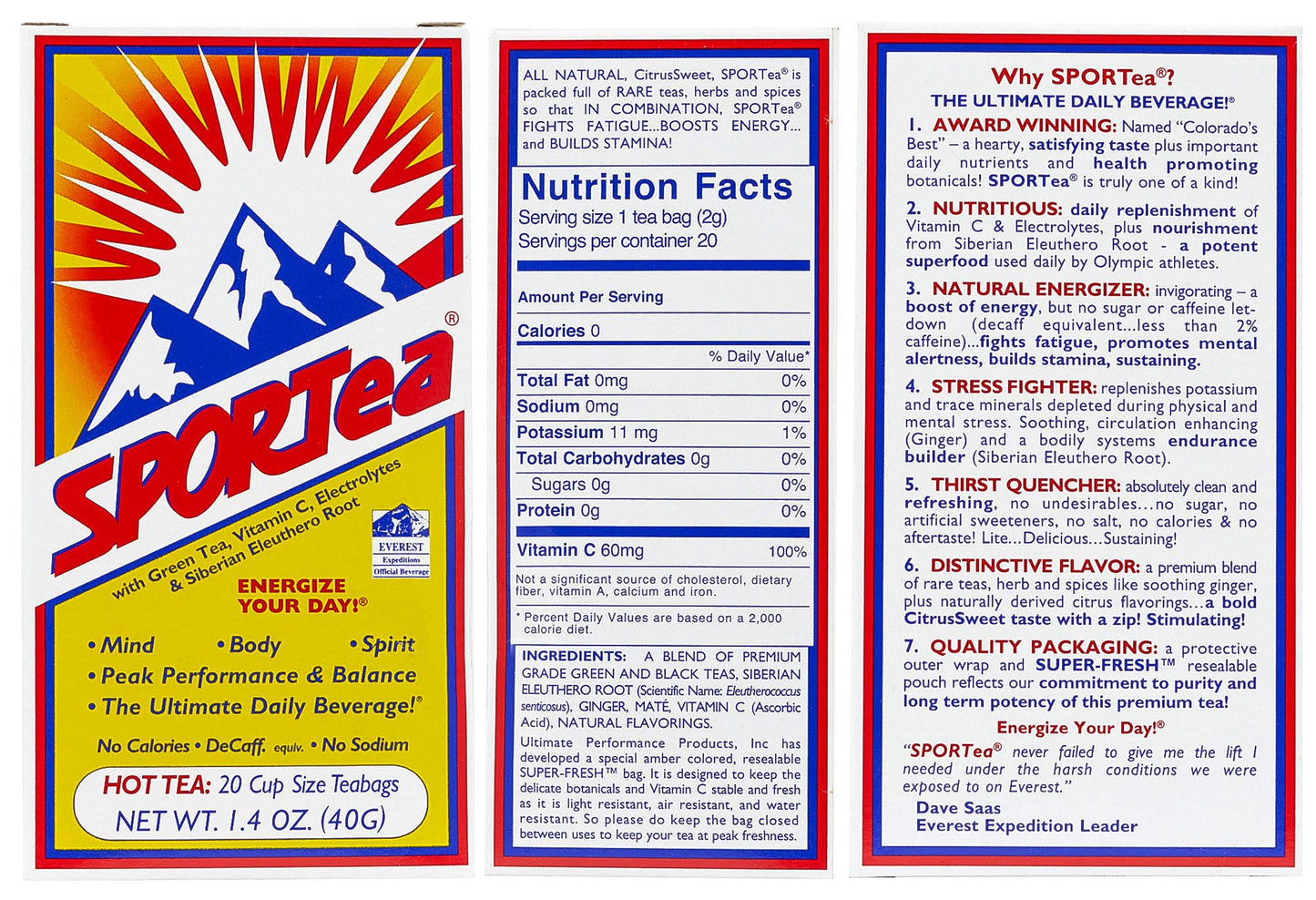SPORTea Hot | Natural Decaf Energy Drink w/Yerba Mate, Siberian Ginseng, Green & Black Tea, Electrolytes | Stress Fighter | Heal