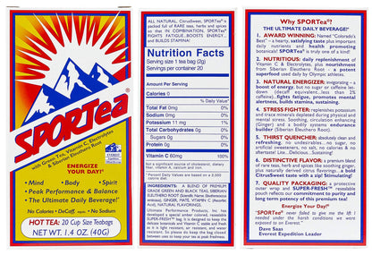 SPORTea Hot | Natural Decaf Energy Drink w/Yerba Mate, Siberian Ginseng, Green & Black Tea, Electrolytes | Stress Fighter | Heal