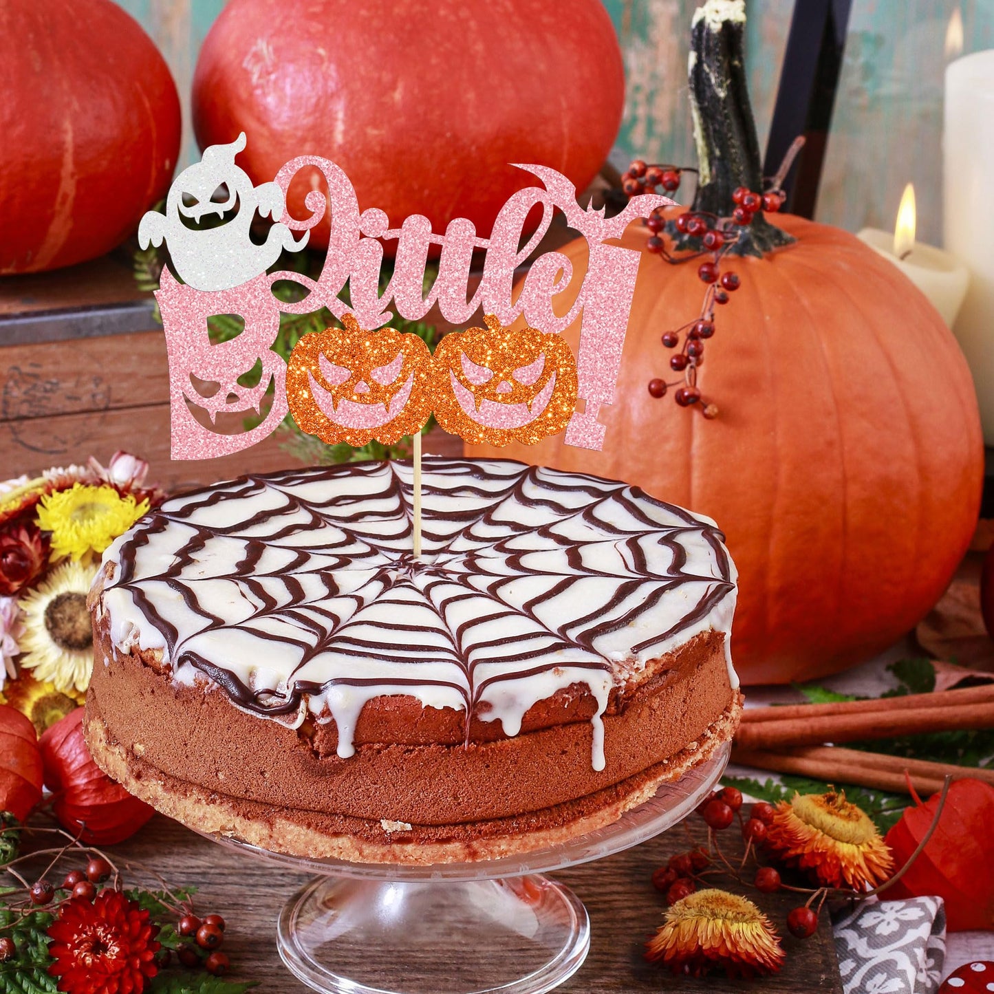 Gyufise 1Pc Little Boo Halloween Cake Topper Pink Glitter Pumpkin Ghost Halloween Baby Shower Cake Decorations For Halloween The