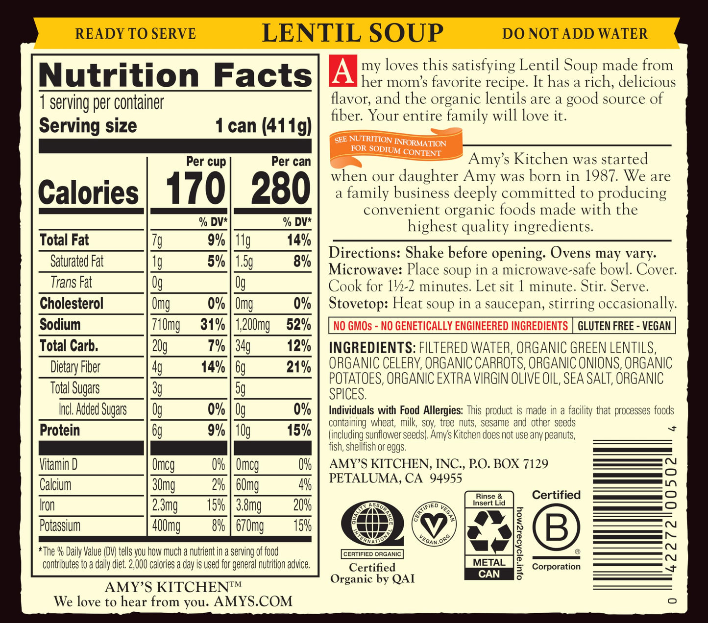 Amy’S Soup, Vegan Lentil Soup, Gluten Free, Made With Organic Green Lentils And Vegetables, Canned Soup, 14.5 Oz (6 Pack)