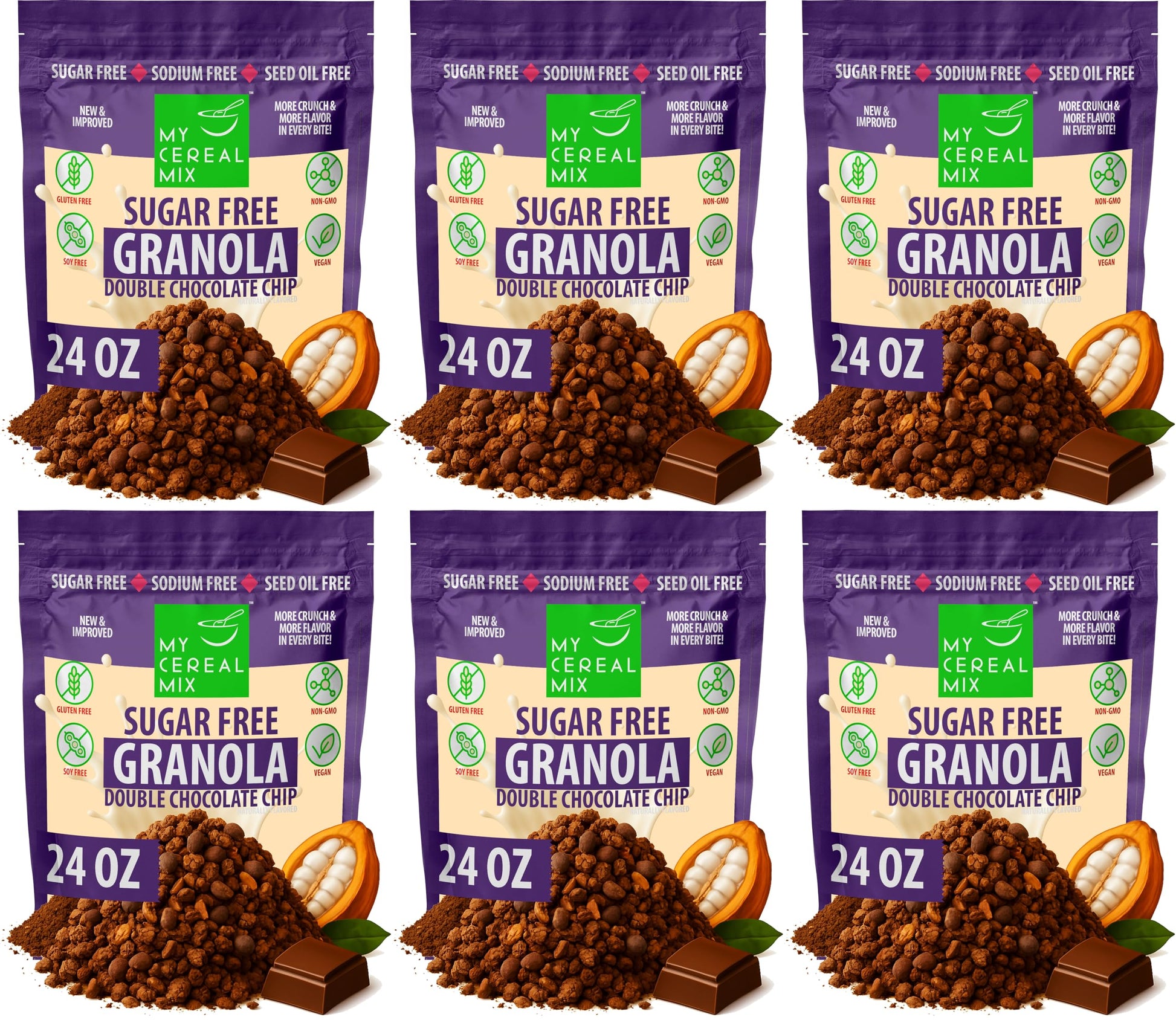 MyCerealMix Sugar Free Double Chocolate Chip Granola - 6 Pack (144oz Total) - Vegan, Gluten Free - Diabetic Friendly Breakfast C
