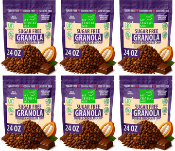MyCerealMix Sugar Free Double Chocolate Chip Granola - 6 Pack (144oz Total) - Vegan, Gluten Free - Diabetic Friendly Breakfast C