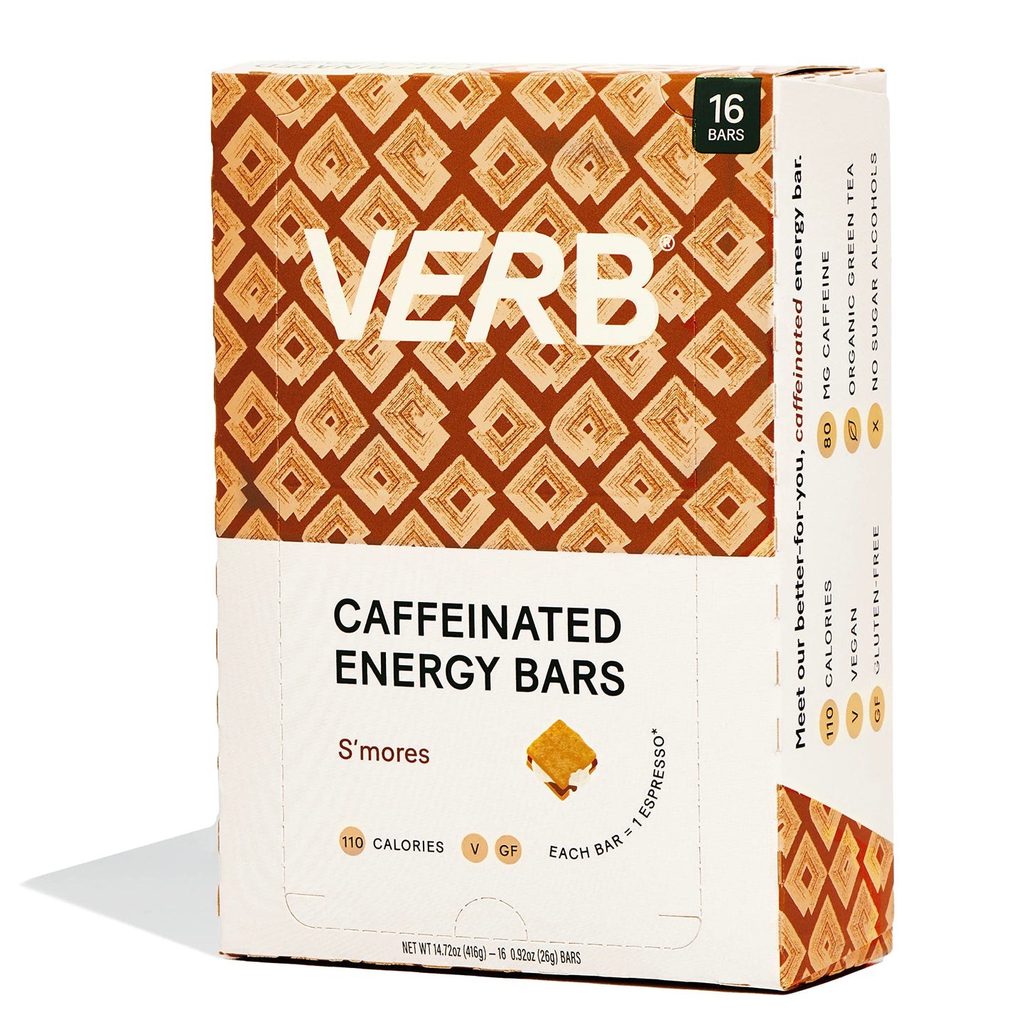 Verb Caffeinated Energy Bars Smores (26G, Pack Of 16) 110-Calorie Delicious Low Sugar Energy Bar - Vegan Gluten Free On-The Go Snack With 80Mg Green Tea Caffeine, Only Real-Food Ingredients