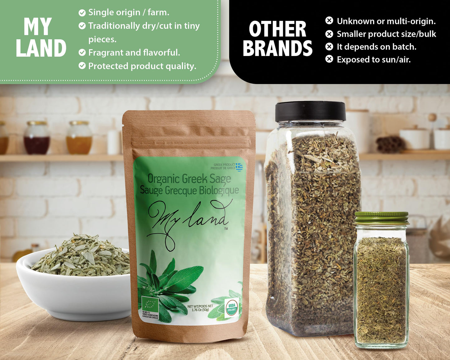 My Land Organic Sage Tea, Loose Leaf, 1.76oz (50g), Dried Sage Leaves from Mt. Olympus, Greece, High Altitude Harvest from a Sma