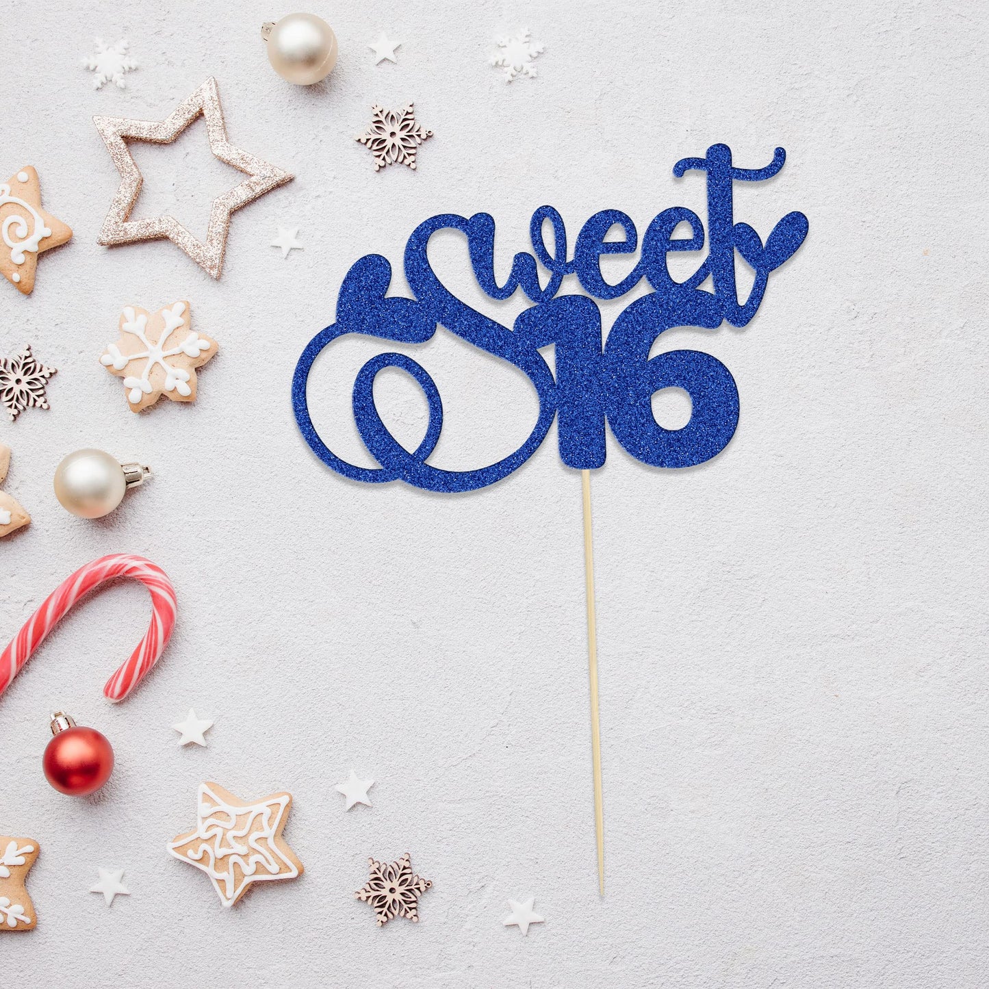 1Pc Sweet 16 Cake Topper Deep Blue Glitter 16Th Birthday Cake Pick Decorations For Cheers To 16 Years Old 16Th Birthday Party Ca