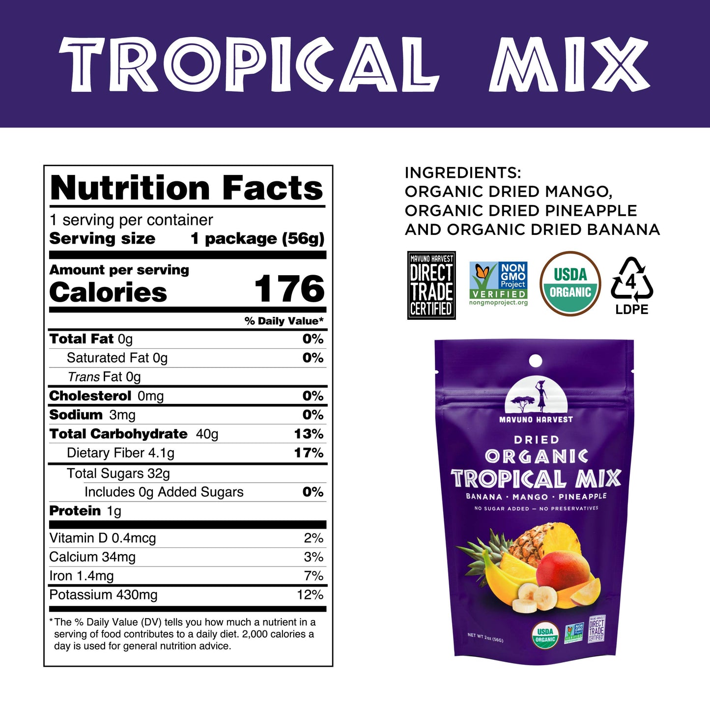 Mavuno Harvest Tropical Mix Dried Fruit Snack | Unsweetened Organic Mixed Dried Fruit | Gluten Free Healthy Snacks for Kids and
