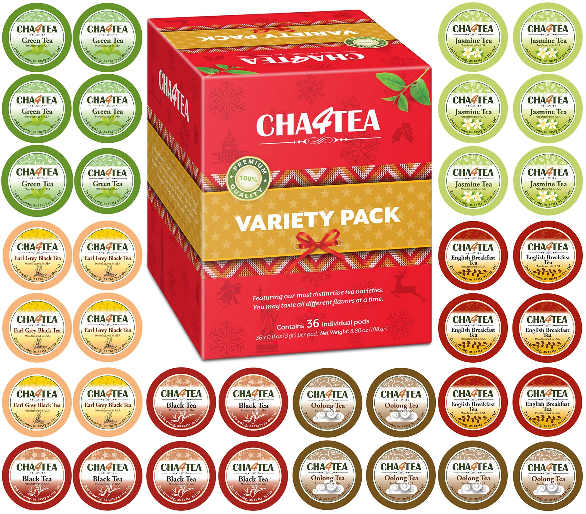 Cha4TEA Variety Pack Tea for Keurig K-Cup Brewers, 36-Count, 6 Flavors: Green, Black, Jasmine, Earl Grey, English Breakfast, Oolong