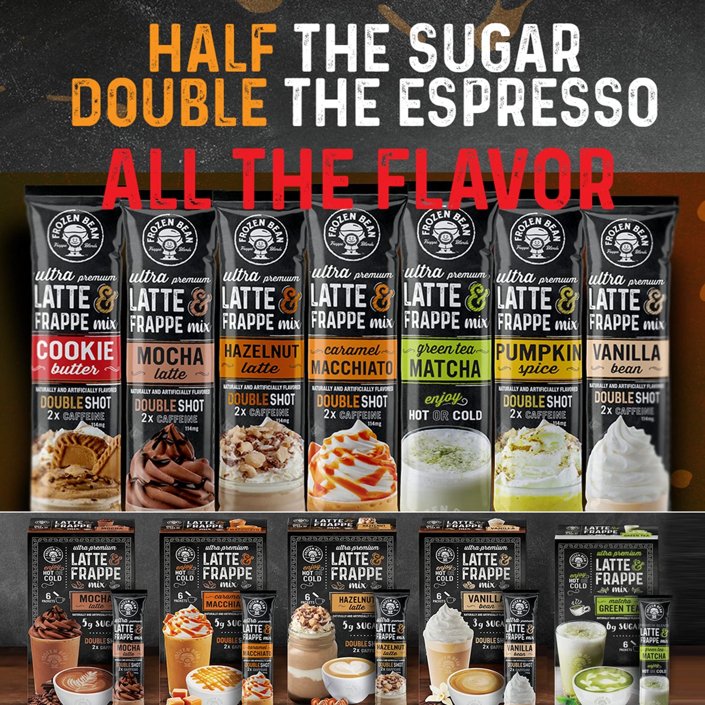 The Frozen Bean - Vanilla Bean Coffee Frappe & Latte Instant Mix With Arabica Coffee, Double Caffiene, Low Sugar - For Hot, Iced