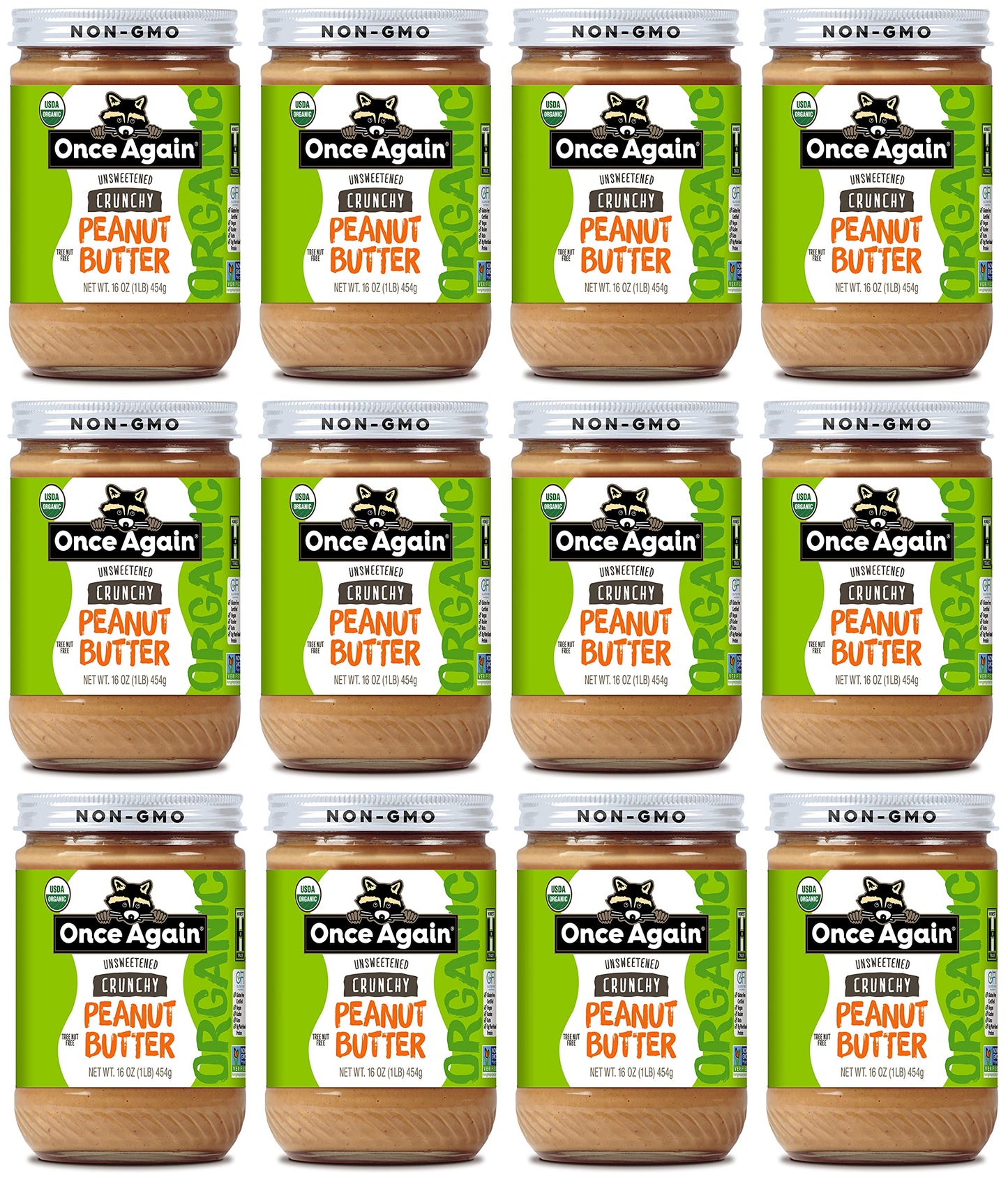 Once Again Organic Crunchy Peanut Butter, 16Oz - Lightly Salted, Unsweetened - Usda Organic, Gluten Free Certified, Vegan, Kosher - Glass Jar - Case Pack Of 12