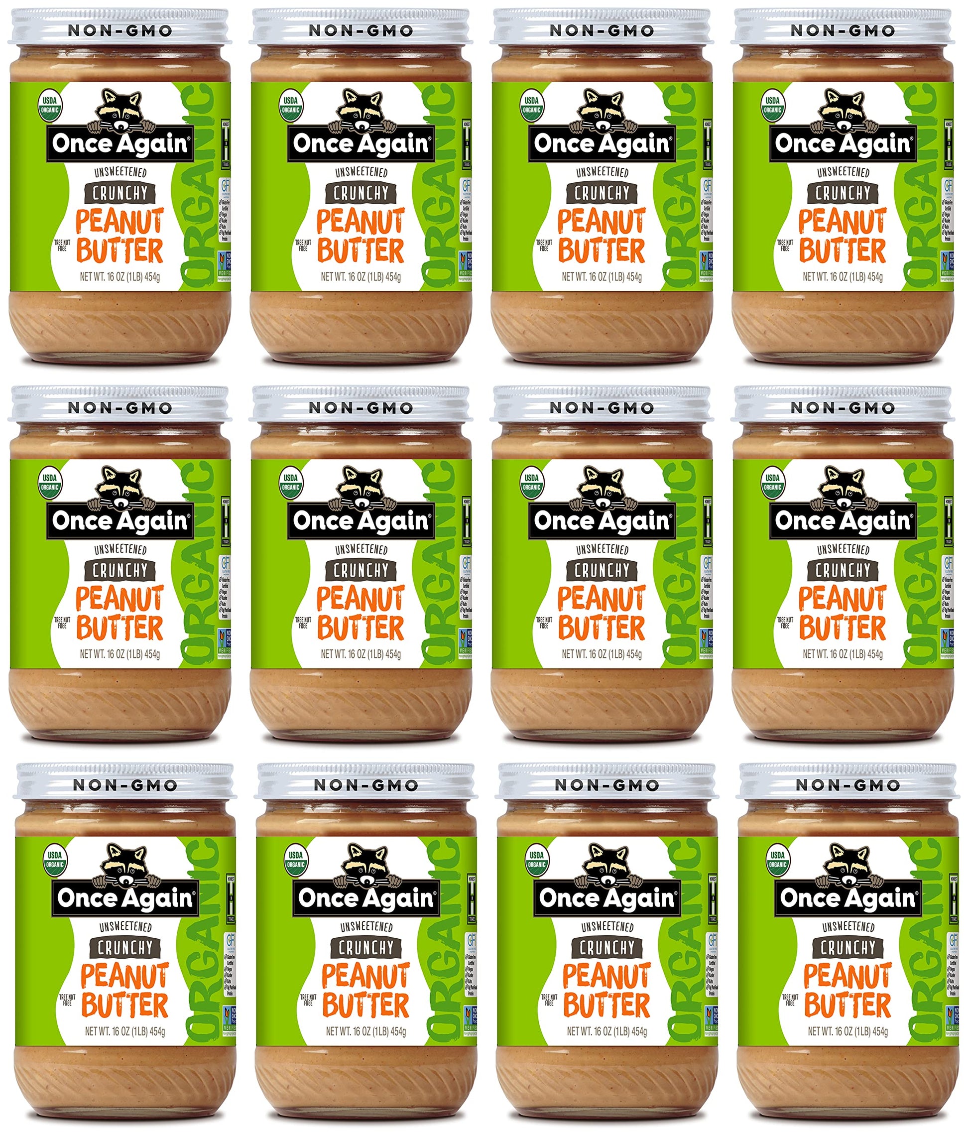 Once Again Organic Crunchy Peanut Butter, 16Oz - Lightly Salted, Unsweetened - Usda Organic, Gluten Free Certified, Vegan, Kosher - Glass Jar - Case Pack Of 12