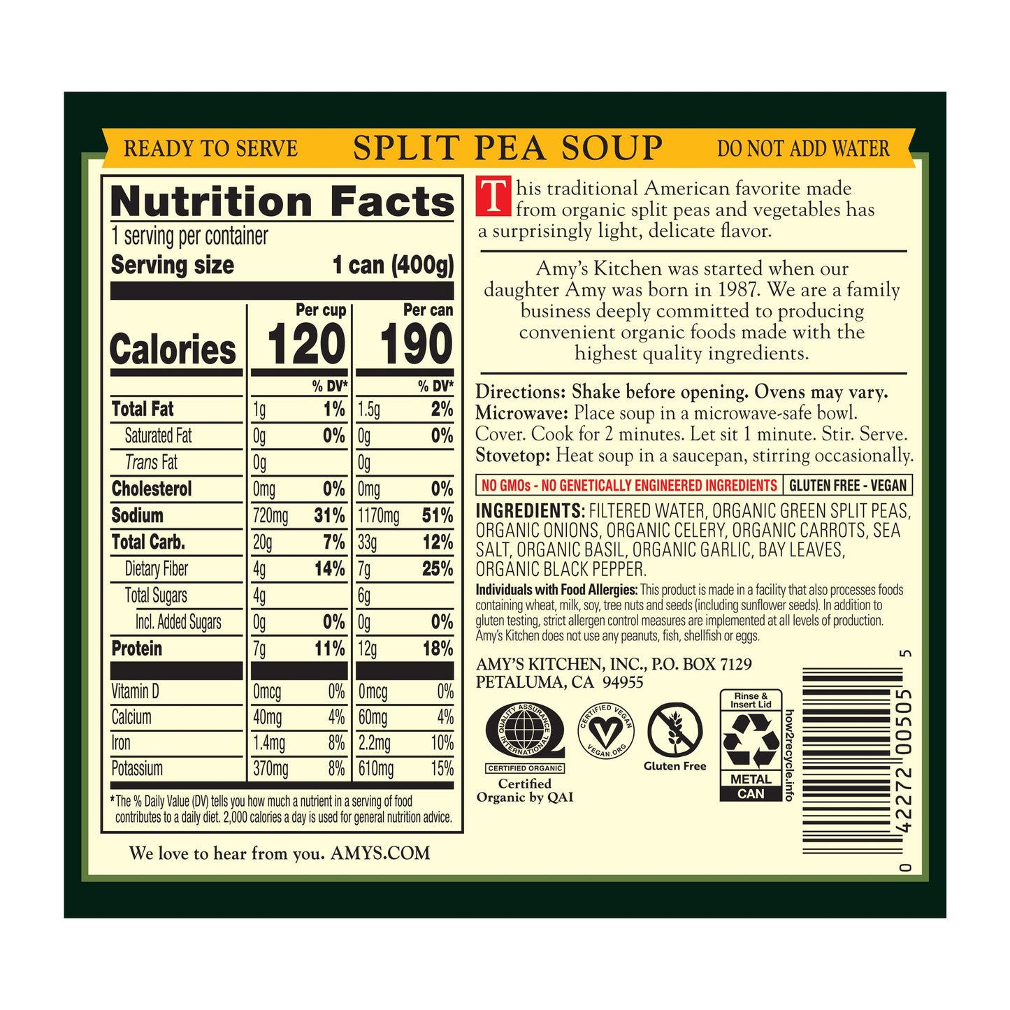 Amy'S Soup, Vegan Split Pea Soup, Gluten Free, Made With Organic Split Peas And Vegetables, Canned Soups, 14.1 Oz (12 Pack)