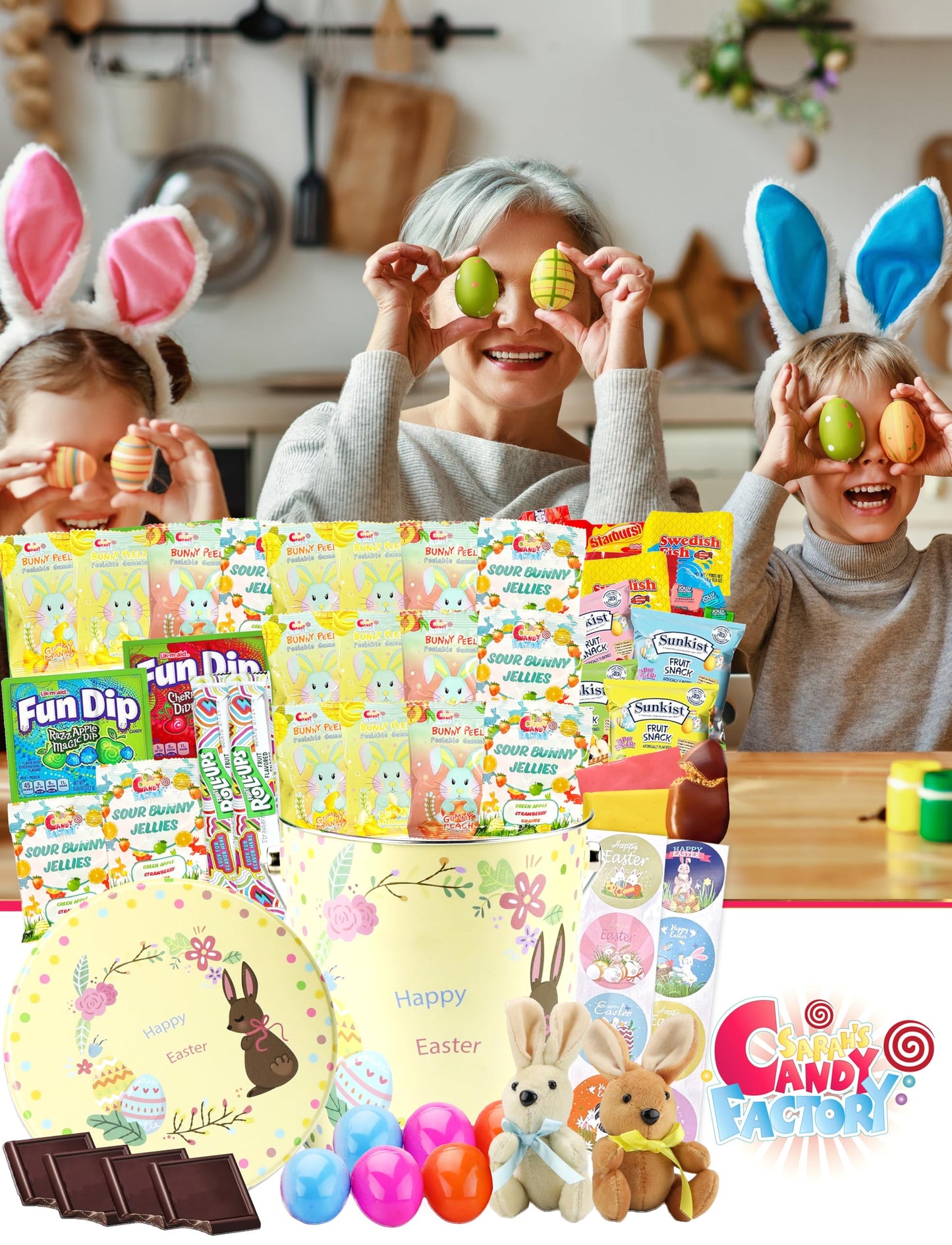 Easter Snack Yellow Tin (60 Count) Filled With Candy, Peelable Gummies,Bunny And More, Great Package For Family, Friends, Boys A
