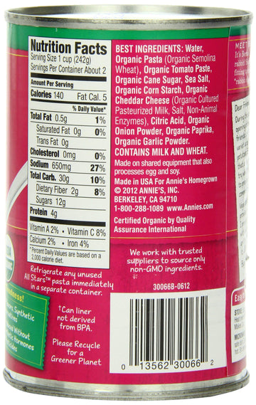 Annies Organic Canned Pasta, Bernie Os, Tomato & Cheese Sauce, 15 Ounce (Pack of 12)