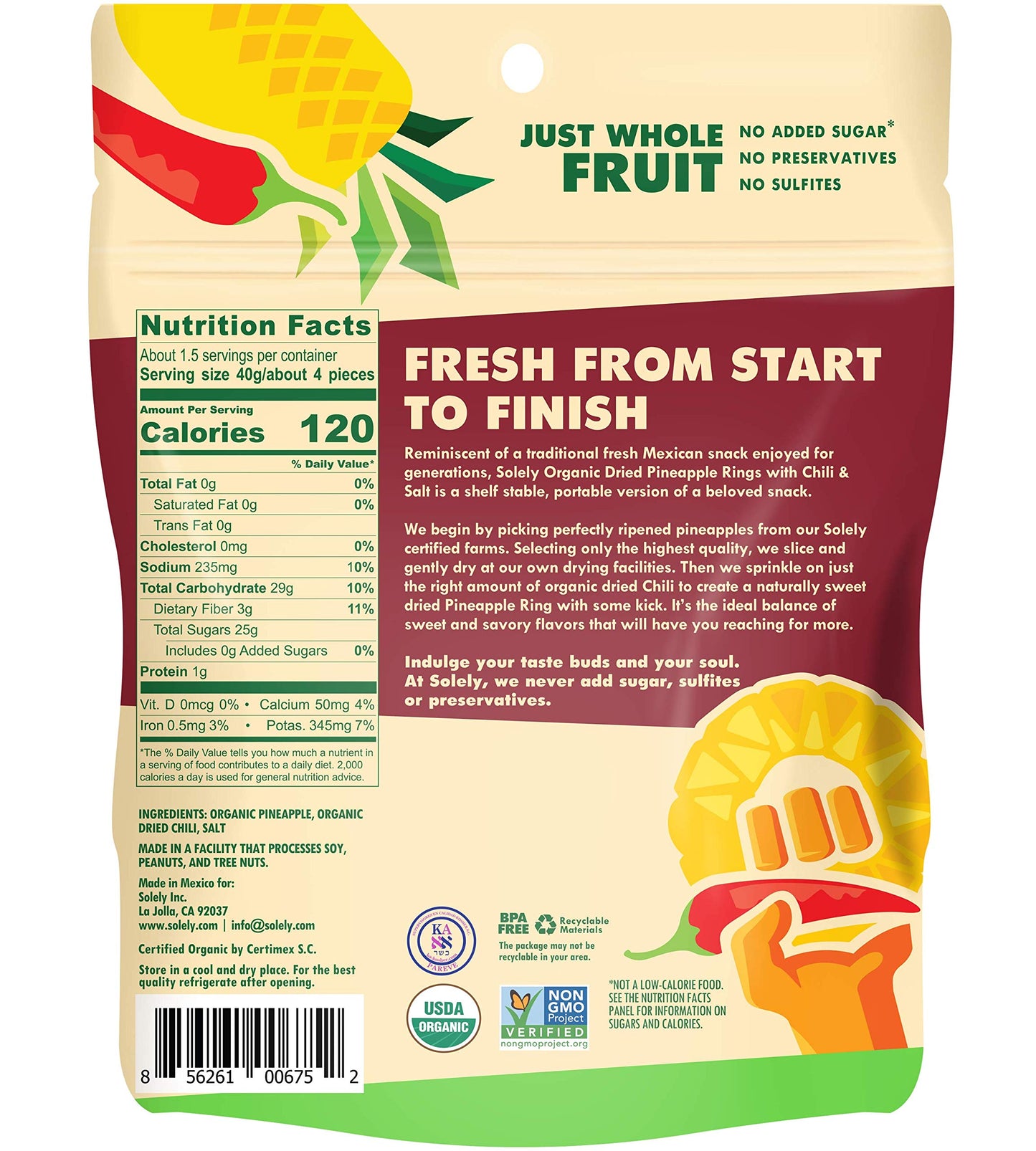 SOLELY - Organic Dried Pineapple, Chili, & Salt Rings (2.2 oz Resealable Bag) - Real Fresh Fruit - 3 Ingredients - Healthy Snack