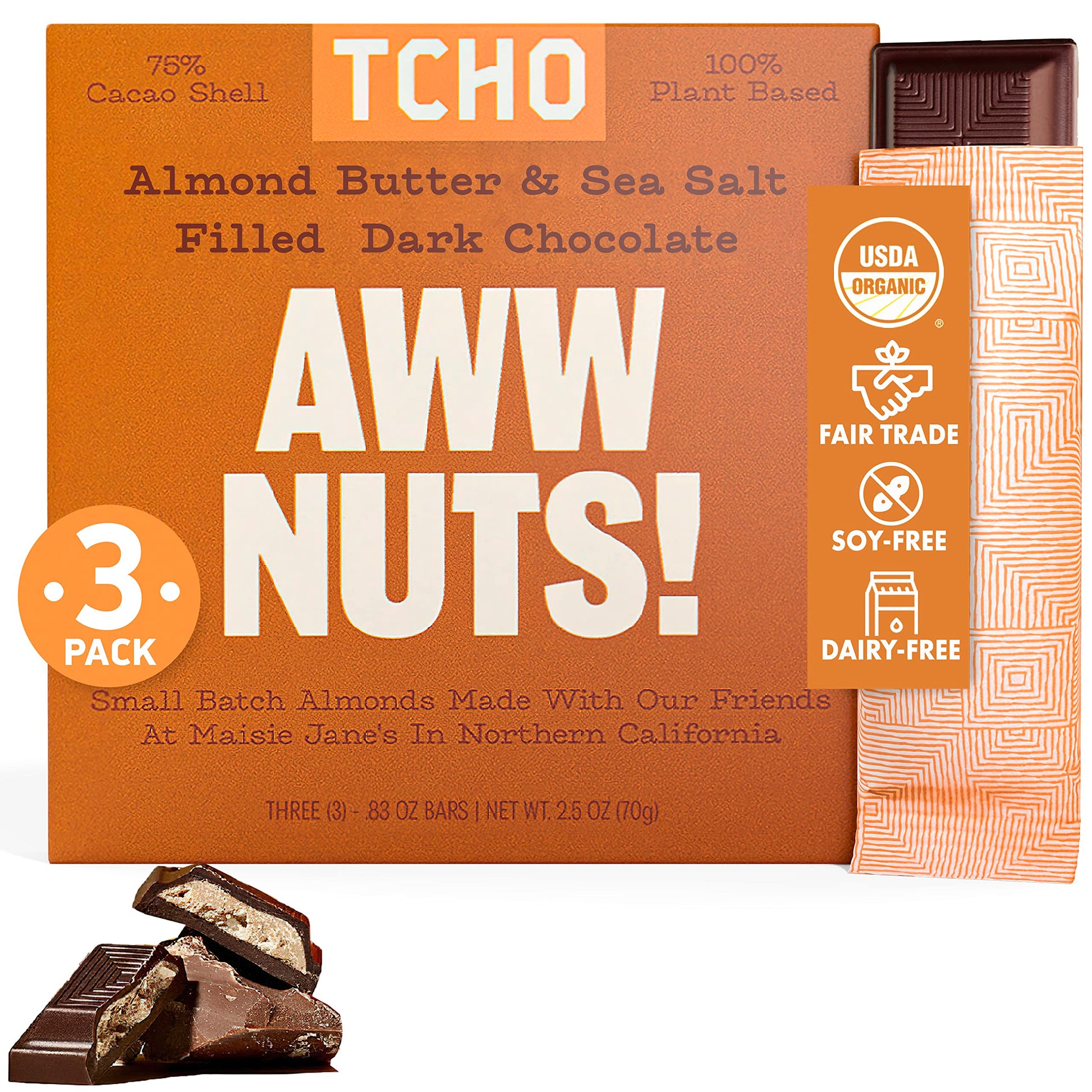 TCHO Aww Nuts! Dark Chocolate Bars, 75% Cacao, Vegan, Organic, Fair Trade, 2.5oz (Pack of 3)
