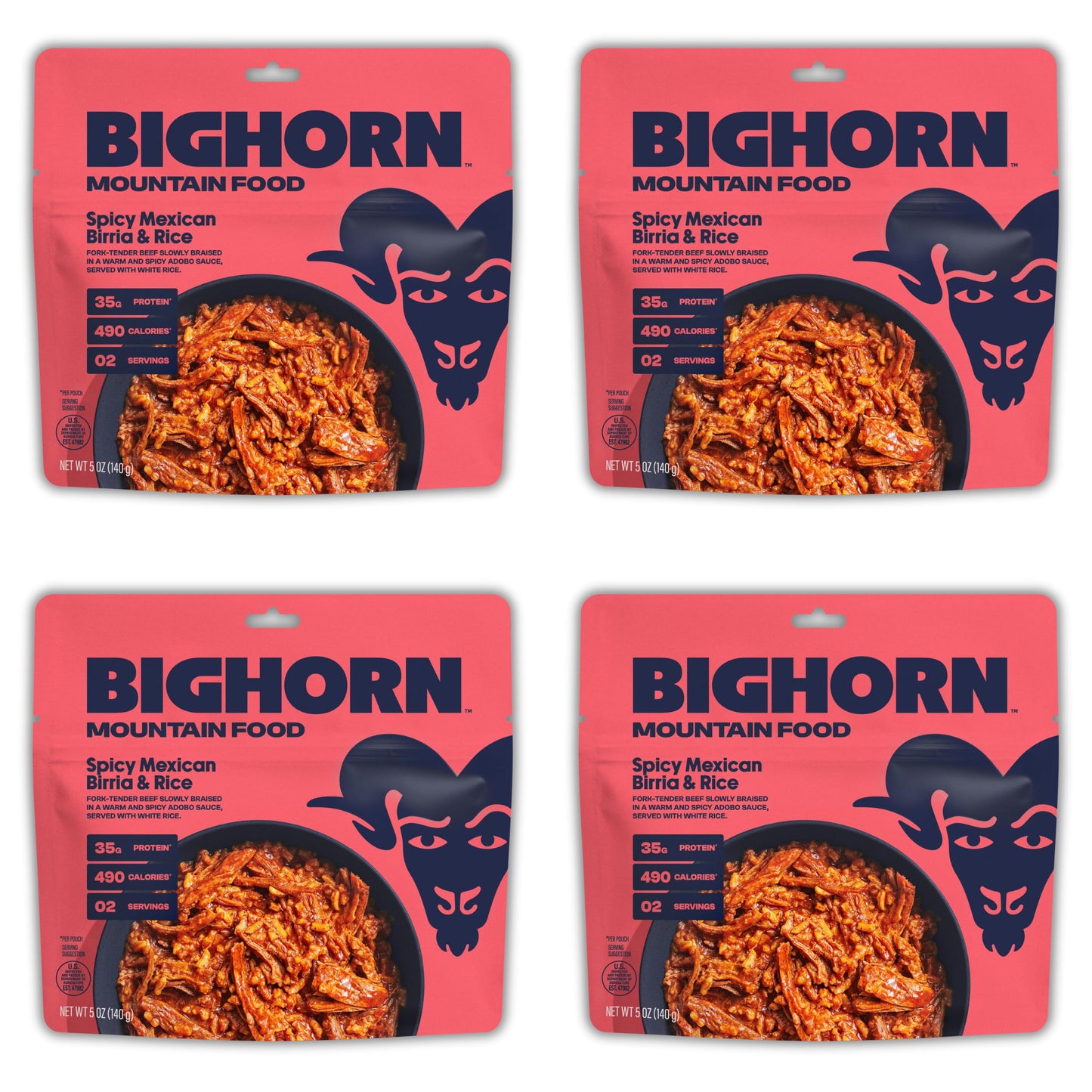 Bighorn Mountain Food Spicy Mexican Birria And Rice - Contains 4 Packs | 8 Servings | 140G Protein | 1,960 Calories - Enhanced Freeze Dried Meals For Backpacking Food - Dehydrated Camping Food For Backpacking Meal - Just Add Water - Great Taste