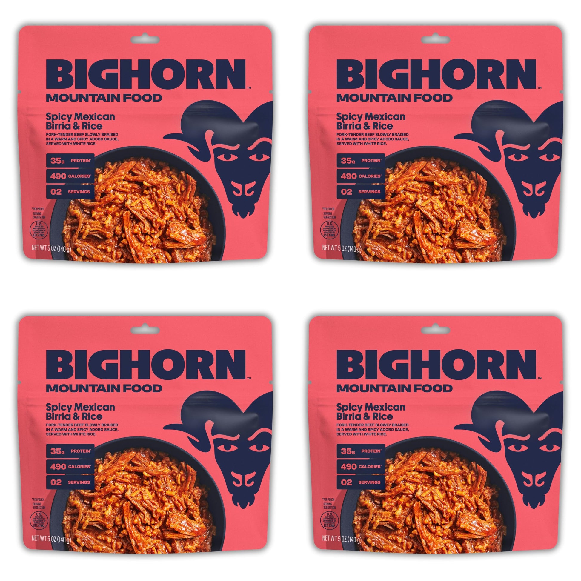 Bighorn Mountain Food Spicy Mexican Birria And Rice - Contains 4 Packs | 8 Servings | 140G Protein | 1,960 Calories - Enhanced Freeze Dried Meals For Backpacking Food - Dehydrated Camping Food For Backpacking Meal - Just Add Water - Great Taste