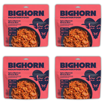 Bighorn Mountain Food Spicy Mexican Birria And Rice - Contains 4 Packs | 8 Servings | 140G Protein | 1,960 Calories - Enhanced Freeze Dried Meals For Backpacking Food - Dehydrated Camping Food For Backpacking Meal - Just Add Water - Great Taste