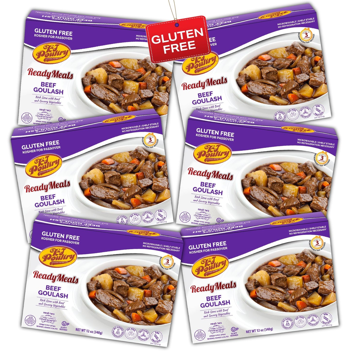 KJ Poultry Kosher for Passover Gluten Free Meals, Beef Goulash Stew with Vegetables (6 Pack) Prepared Entree Fully Cooked, Shelf