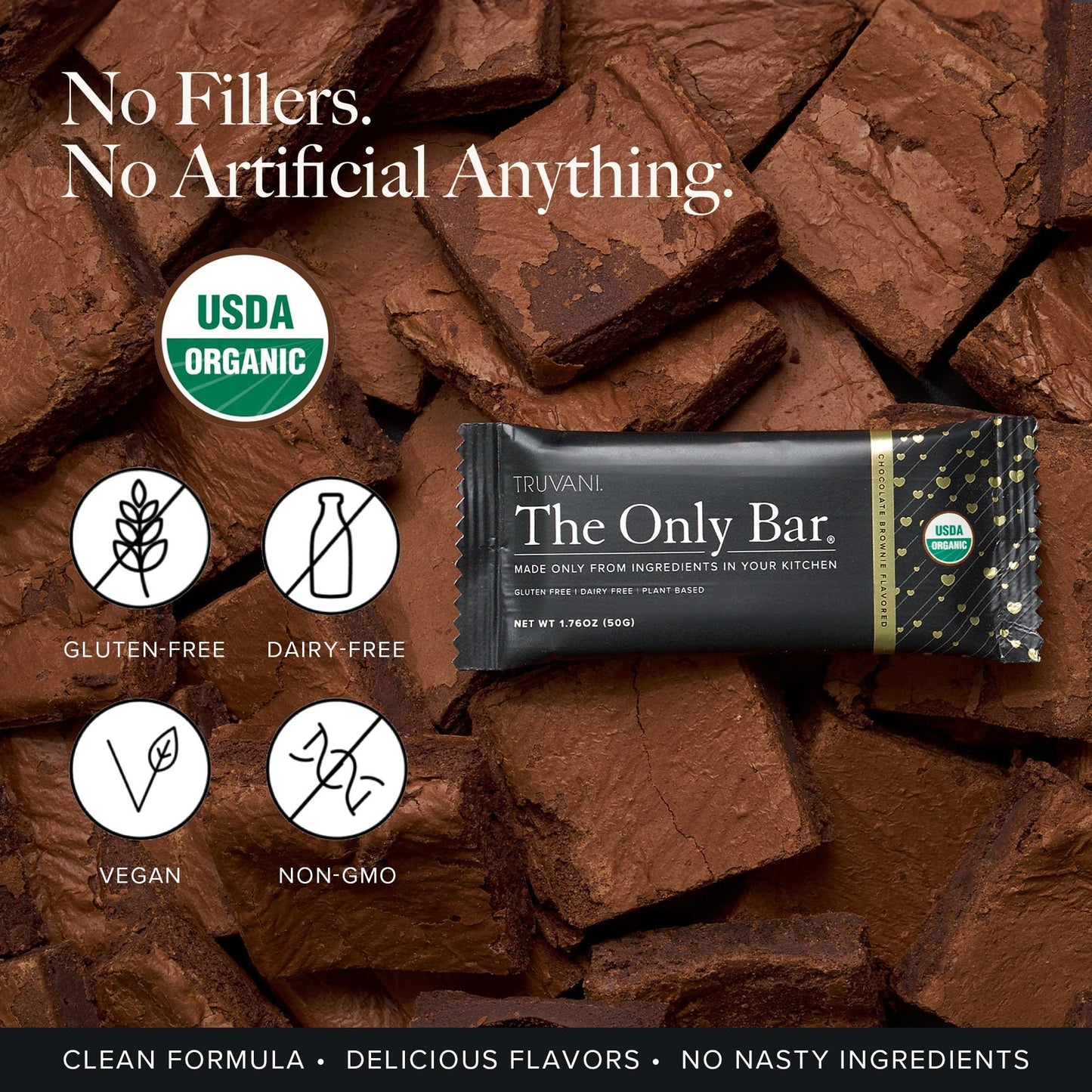 Truvani Plant Based Snack Bars | Chocolate Brownie 4 Pack | 7g Protein | USDA Organic and Vegan | The Only Bar | Dairy, Soy, and