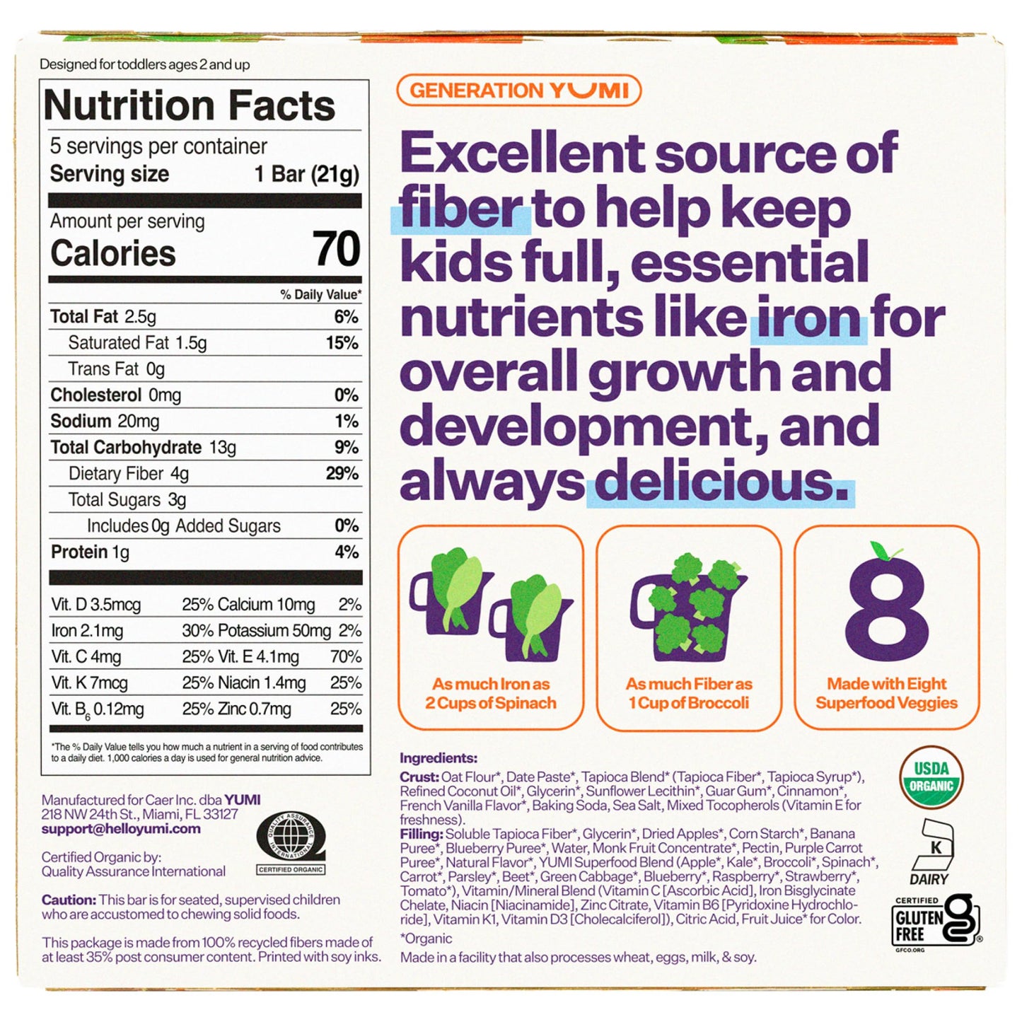 Yumi Organic Toddler Snacks Bars - Gluten-Free  No Added Sugar  7+ Vegetables  Soft-Baked Crust Yumi Bars  Healthy Toddler Organic Snacks - School Safe and for Lunch Boxes  Blueberry & Purple Carrot (30ct.)