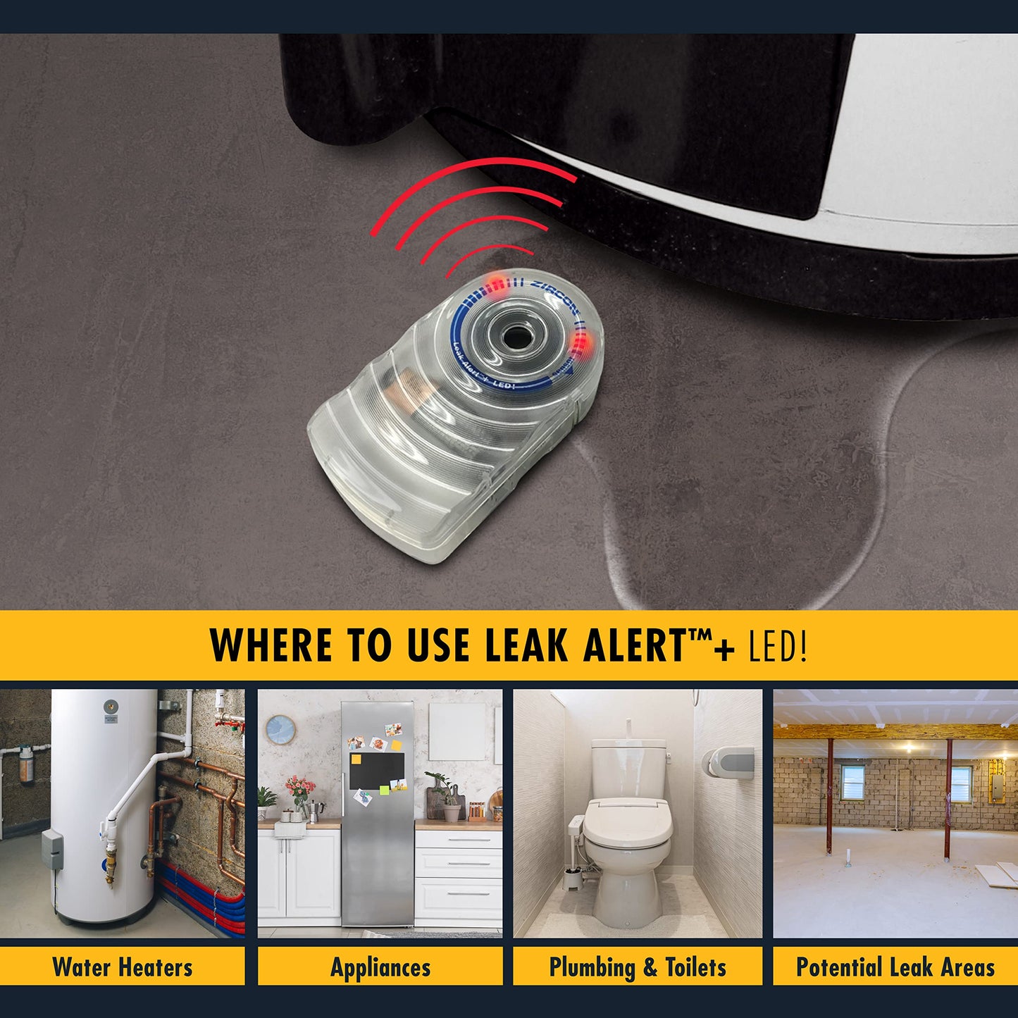 Zircon Leak Alert + Led! Water Leak Detector & Flood Sensor Alarm/Water Leak Sensor With Dual Leak Alarms 90Db Audio + Flashing