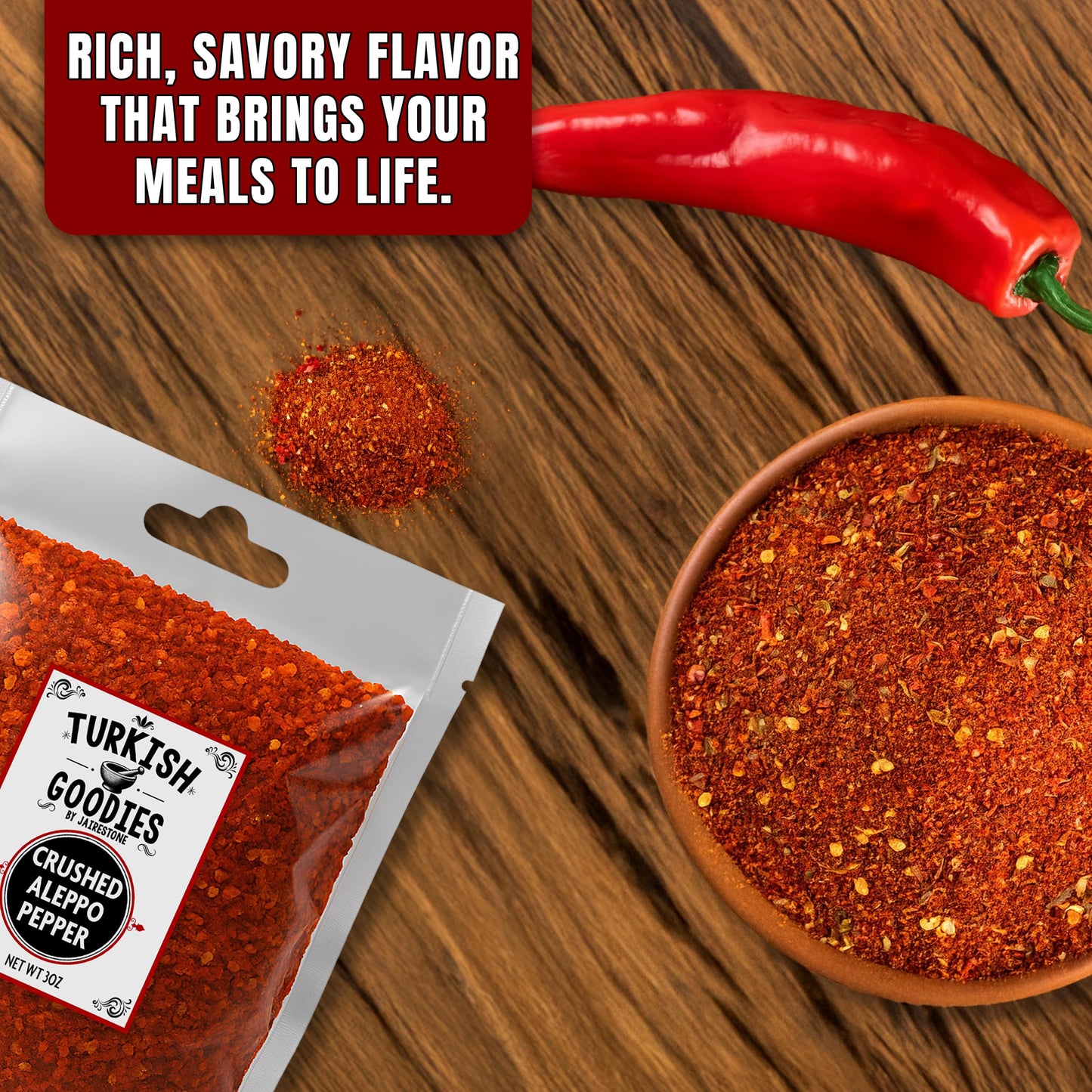 Turkish Goodies Aleppo Pepper - Turkish Red Chili Flakes, Mild Smoky Heat, 3oz Bag