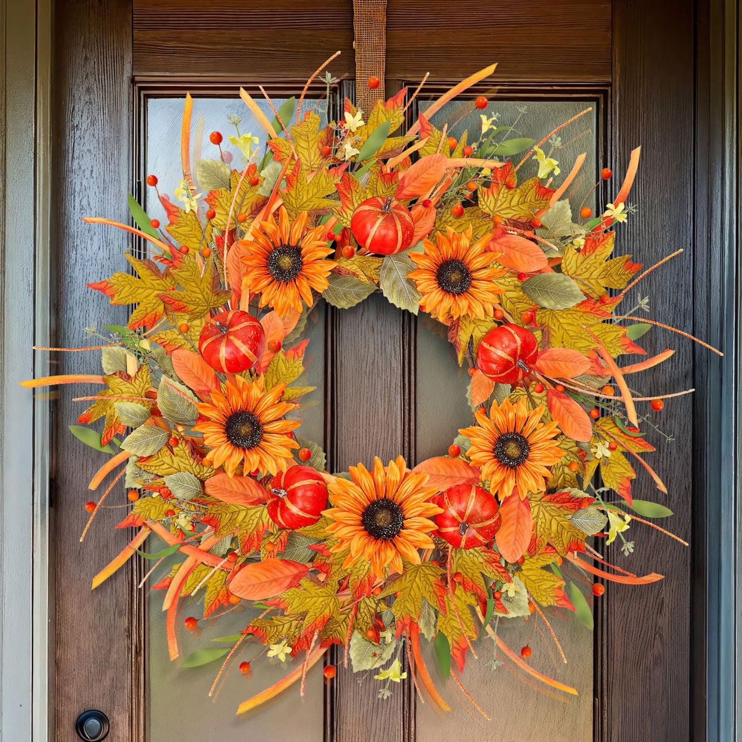 ICX 24 Inch Fall Wreath - Sunflower Pumpkin, Berry & Leaf, Plastic, Orange, Model 05, Autumn Decor for Front Door