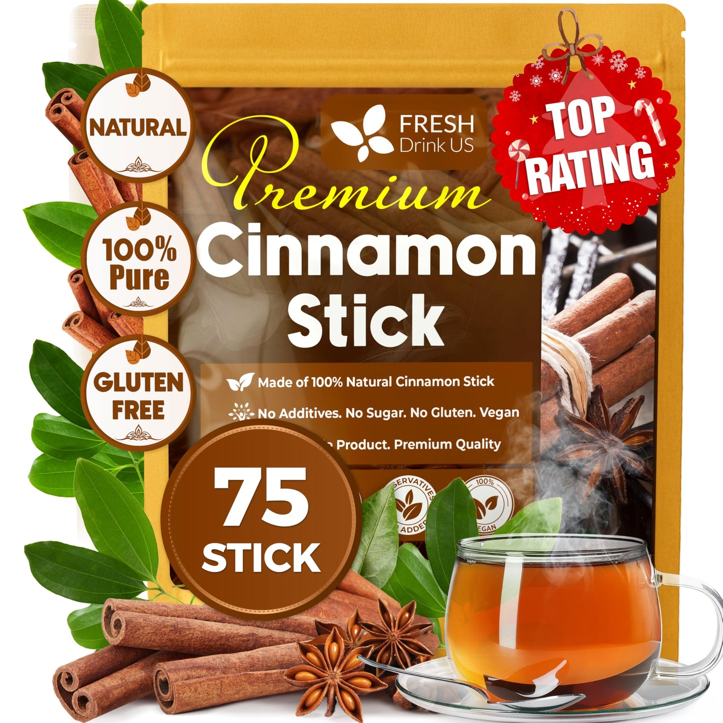 FreshDrinkUS  enhanced 75+ Cinnamon Dried Sticks  Whole Sticks  100% Natural & Pure Cinnamon Inner Bark  Raw Spice Flavor & Strong Aroma  Herbal Tea  Perfect for Warm Beverages