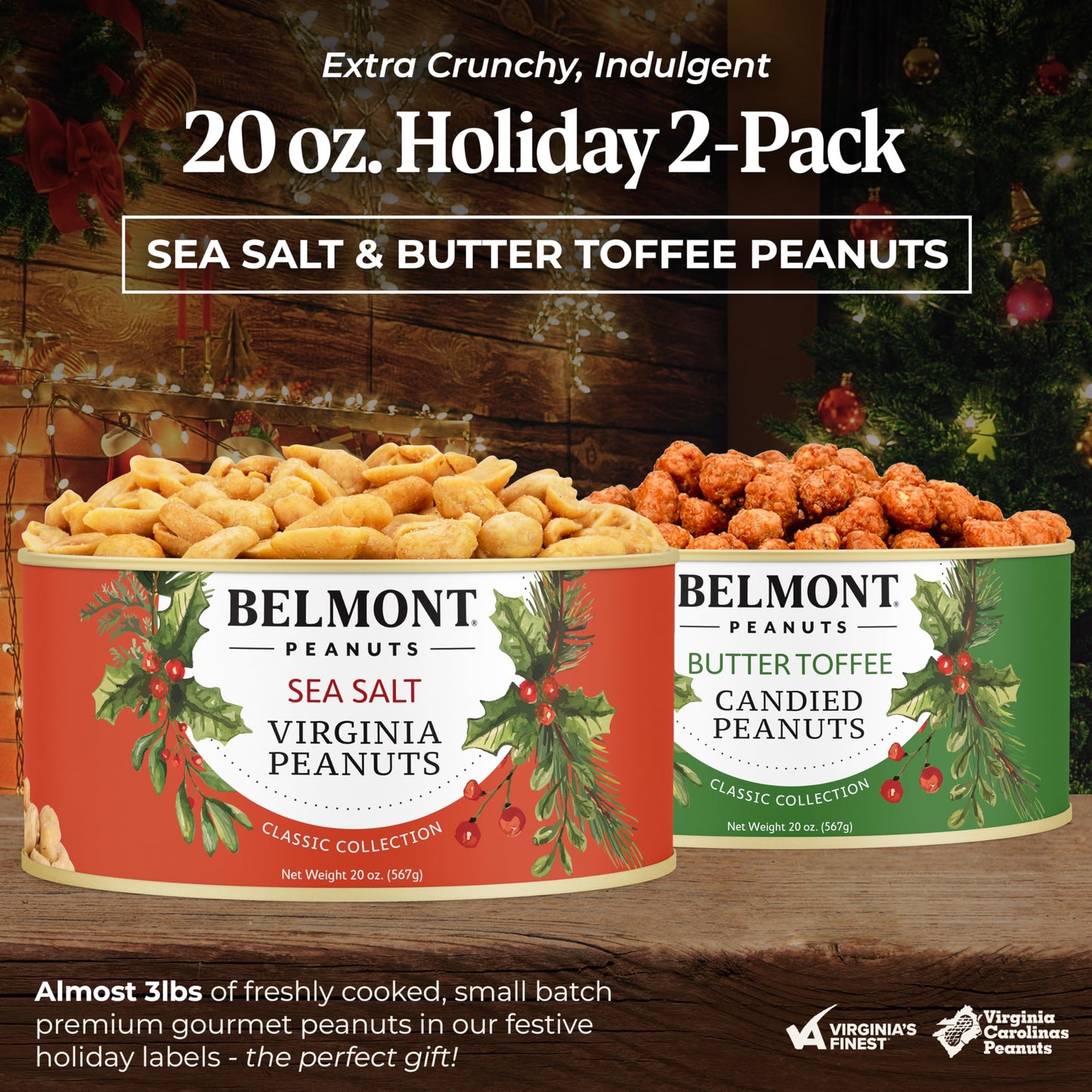 Belmont Peanuts Holiday Gift Bundle With Sea Salt And Butter Toffee Virginia Peanuts, 20 Oz (2 Pack) – Hand Seasoned, No Preservatives, Absolutely Delicious – A Secret Santa Favorite