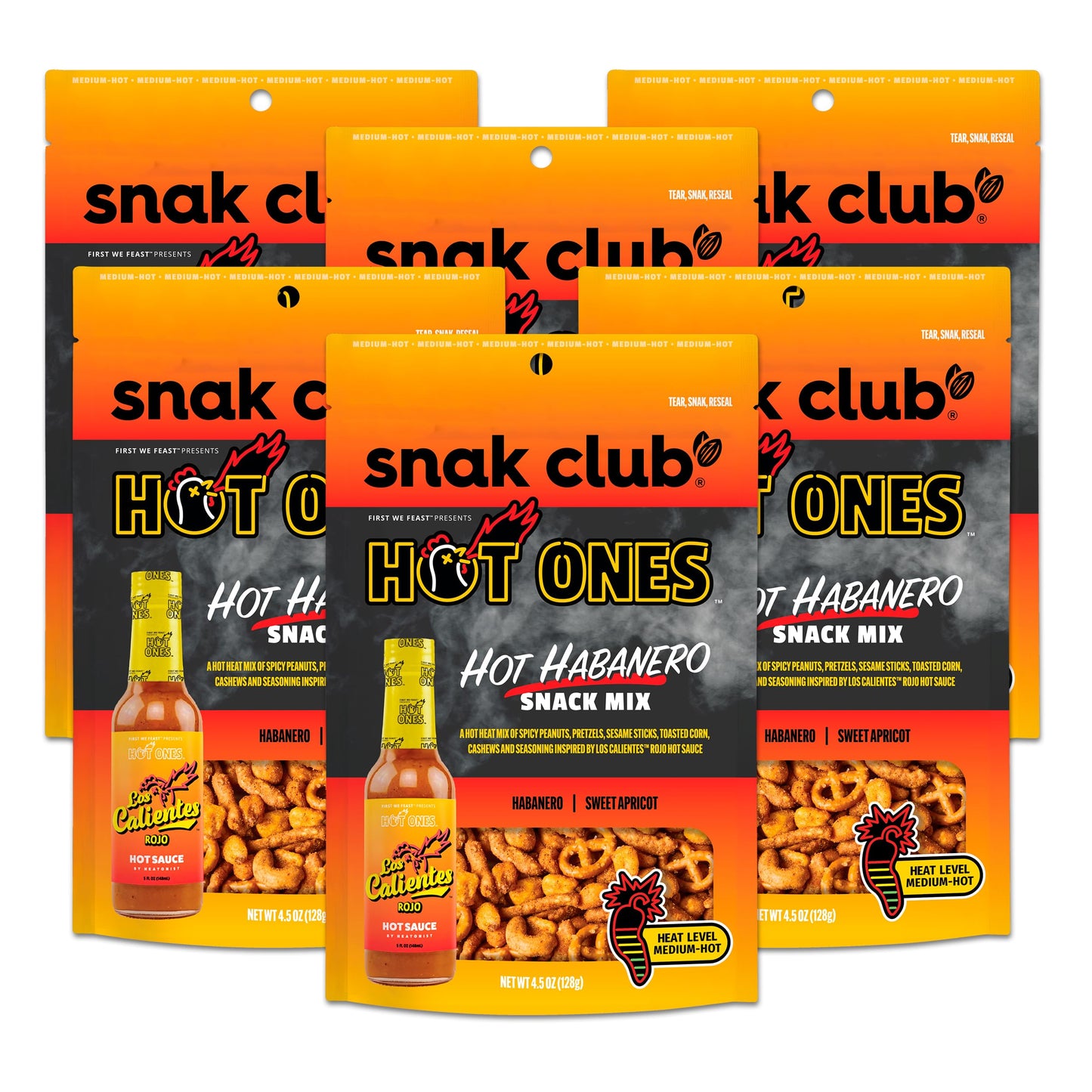 Snak Club Hot Habanero Snack Mix, Spicy Peanuts, Pretzels, Sesame Sticks, 4.5 oz Resealable Bag (Pack of 6)