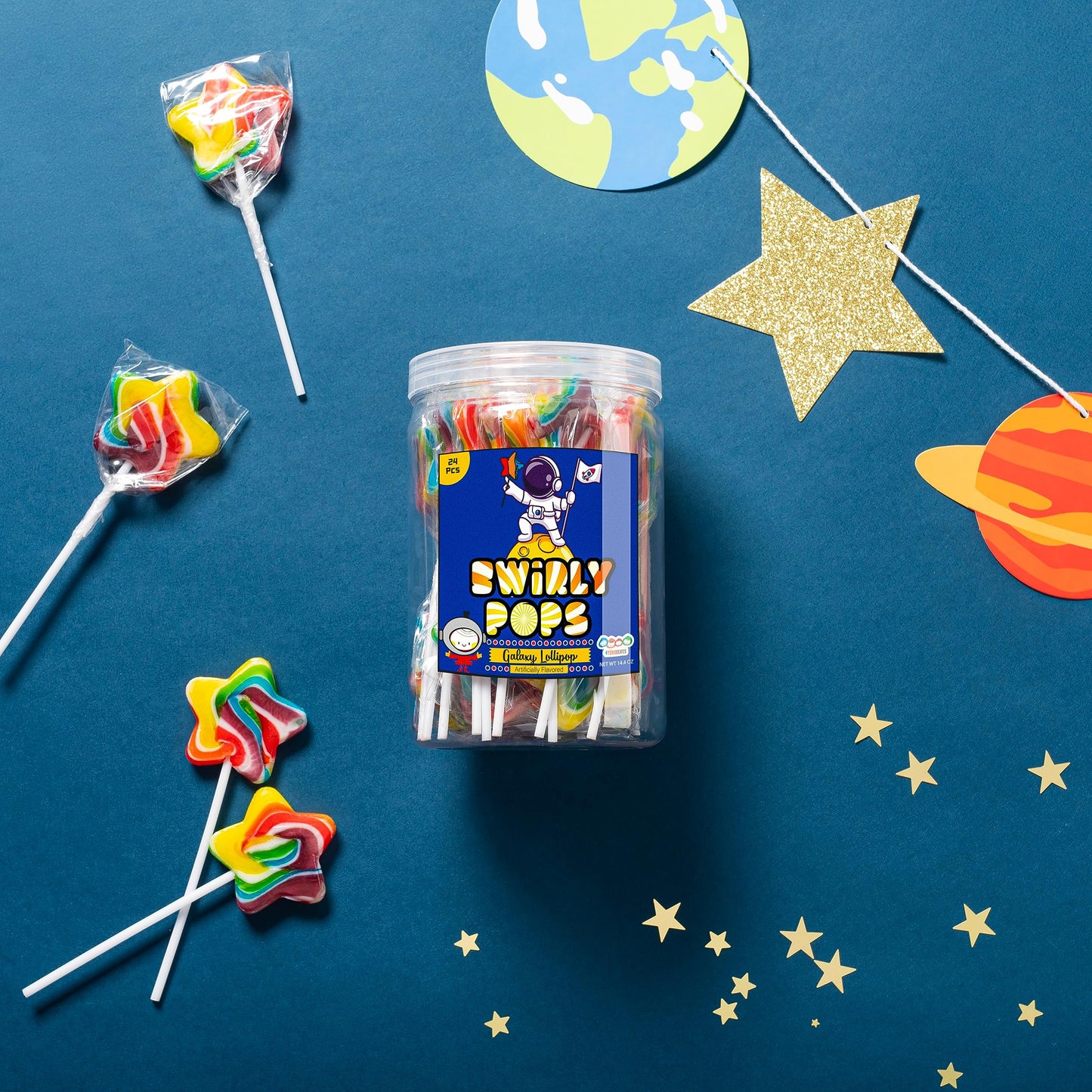 24 Galaxy Star Rainbow Lollipops Individually Wrapped, Bursting With Fruity Flavor, Great Swirl Lollipops For Kids Birthday Part