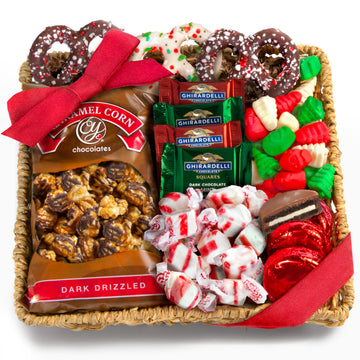A Gift Inside Holiday Classic Chocolate, Candy & Crunch Gift Basket With Handmade Chocolates, Ghirardelli, Caramel Corn for Gour