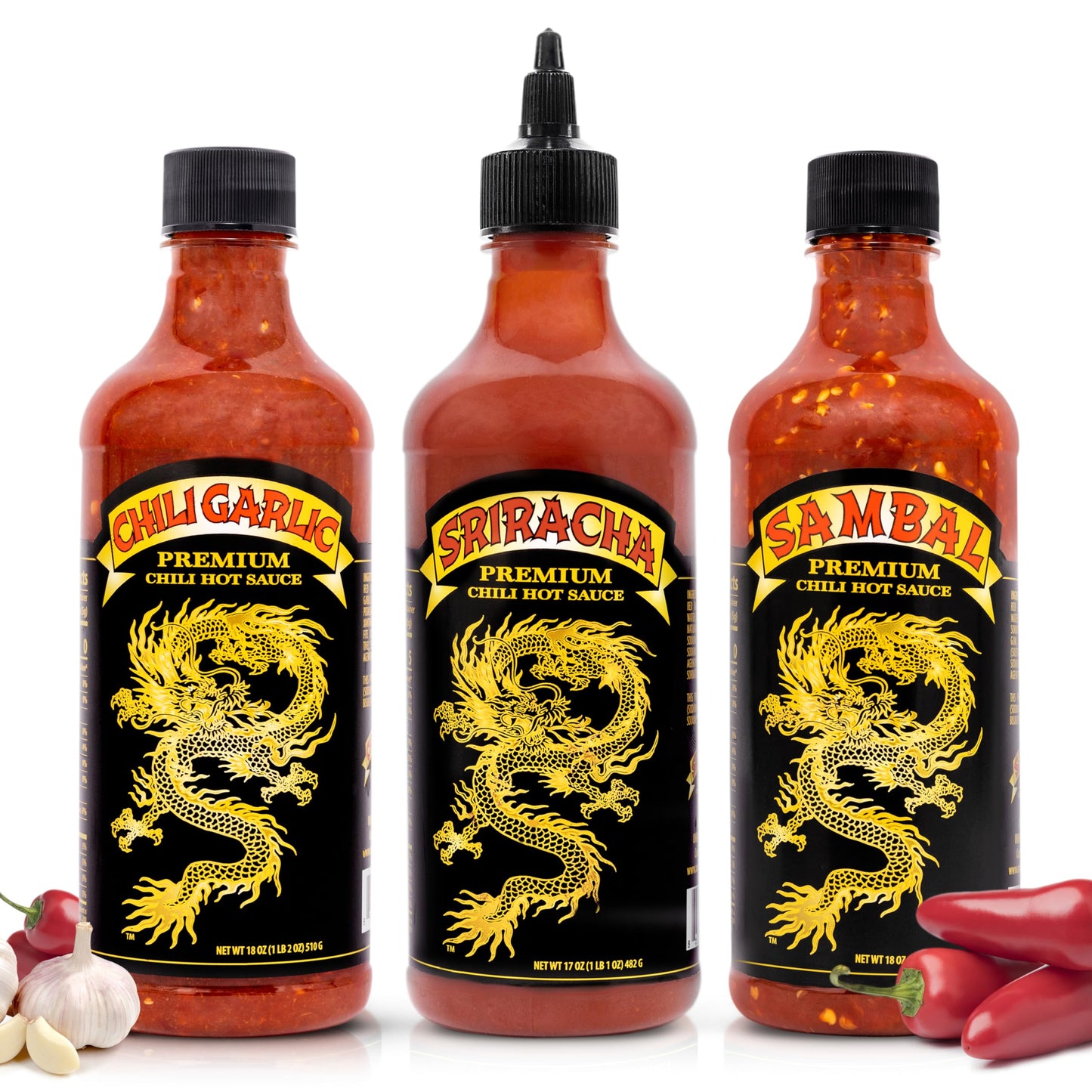 Underwood Ranches Limited Edition Dragon Collection Bundle - Sambal, Chili Garlic & Sriracha Flavor, Perfect For Any Dish! - Mad