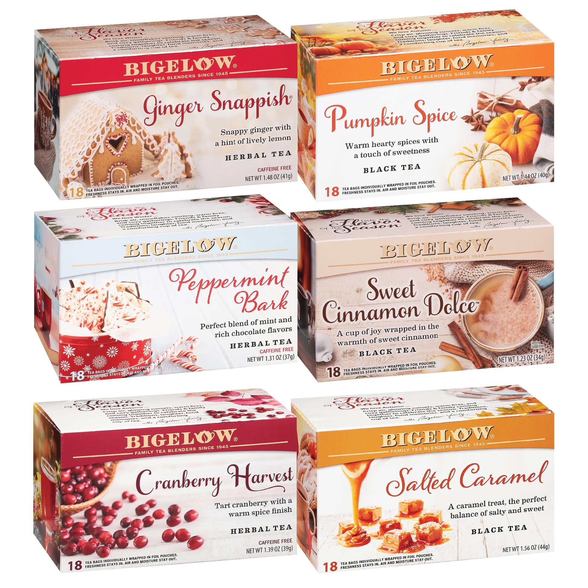 Bigelow Tea Seasonal Variety Pack, 6 Flavors, Caffeinated & Caffeine Free, 18 Count Pack of 6, 108 Total Tea Bags