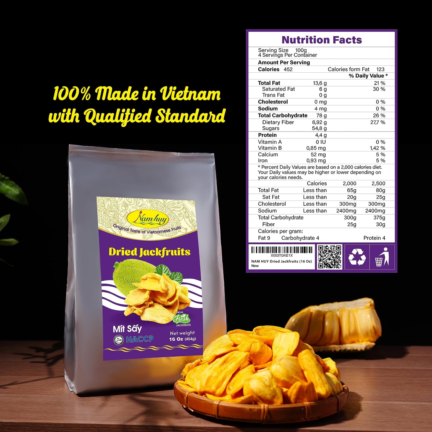 NAM HUY Dried Jackfruit Snacks, Vegan, No Added Sugar, 16 Oz
