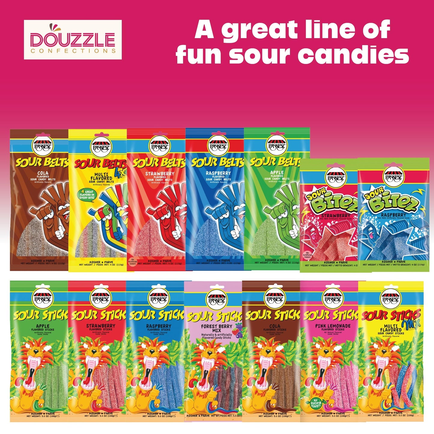 DOUzzle Back To School Sour Belts Chewy Candy Strips Variety Pack Assortment (Pack of 5) Goodie Bag Stuffer, Pinata Filler - Kos