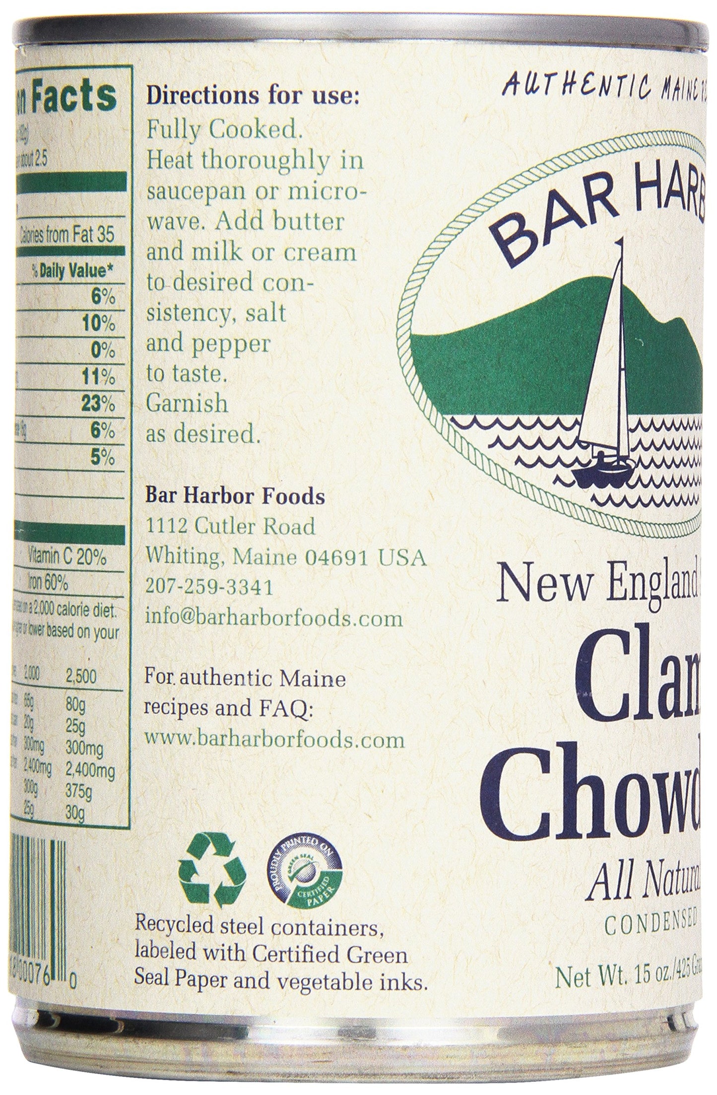 Bar Harbor Chowder, All Natural New England Clam, Cans - 15 Ounce