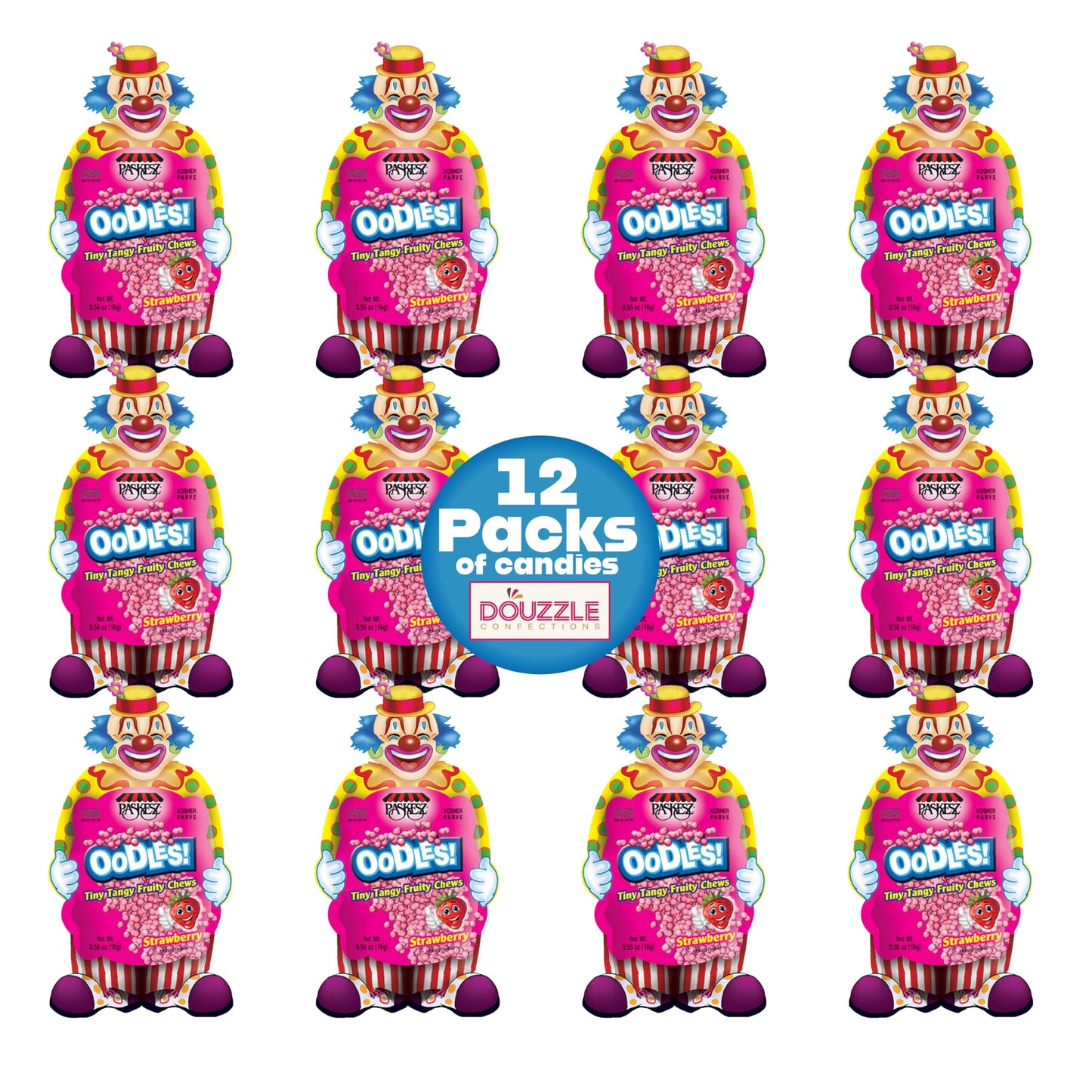 Douzzle Oodles Clown Shaped, Strawberry Tiny Tangy Chews (12 Count, Pack Of 1) Individually Wrapped Candies, Birthday Party Favo