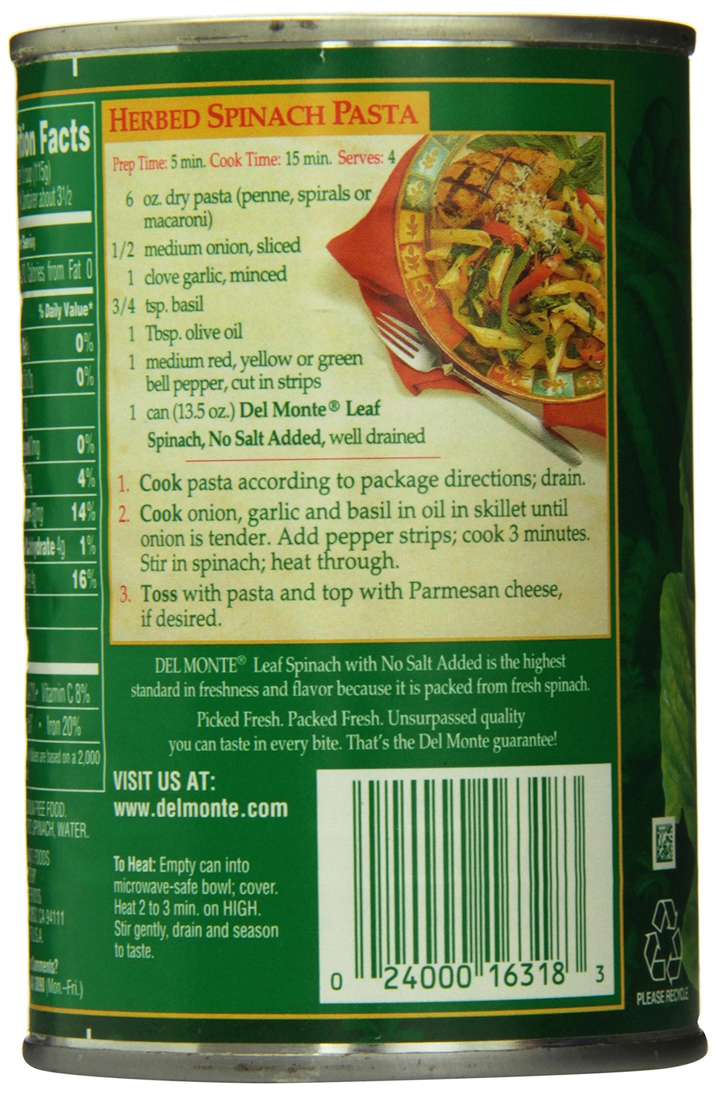 Del Monte No Salt Added Leaf Spinach 13.5 Oz Cans (Pack Of 6)