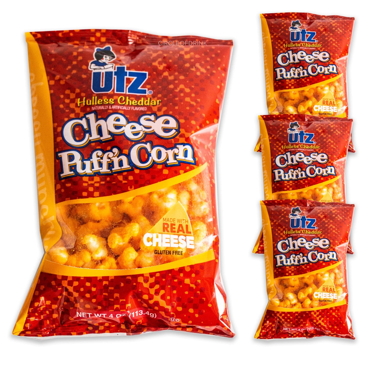 Utz Cheese Puffn Corn - Hulless Cheddar - 100% Real Cheese - Delicious Cheese Puffs - 4, 4oz bags (4 BAGS)