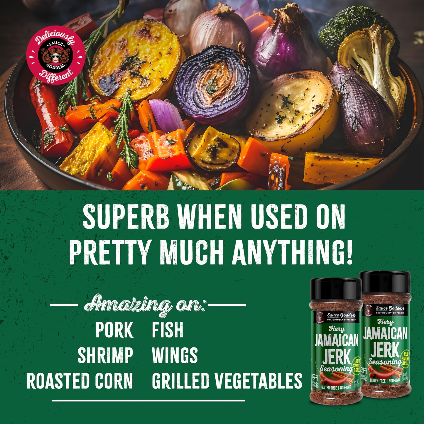 Sauce Goddess Fiery Jamaican Jerk Spice Shaker (2-Pack) - Seasonings and Spices for Cooking with Caribbean Flavors! For Chicken,