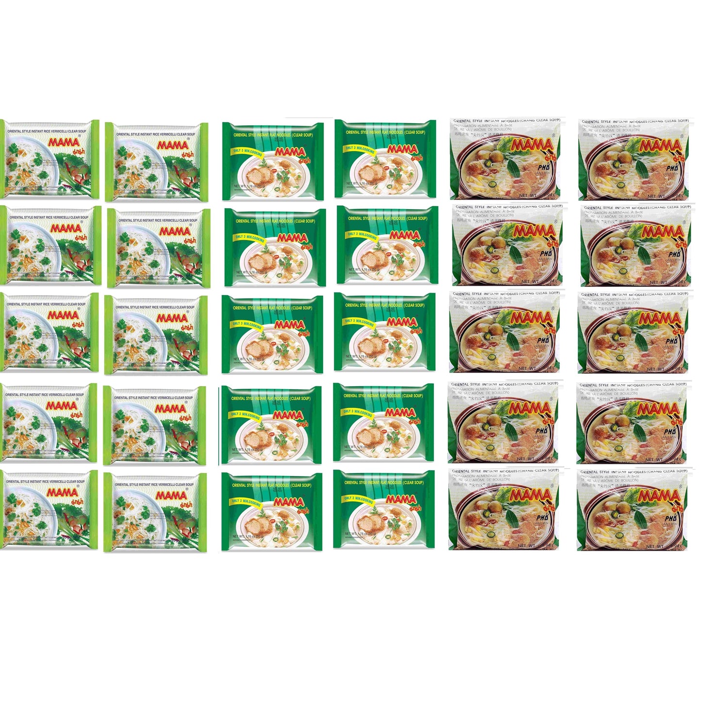 Mama Oriental Style instant noodles Mix Flavor Bundle Package Total 30 Packs (3 Flavor Clear Soup Mix (Flat Noodle, Rice Vermice