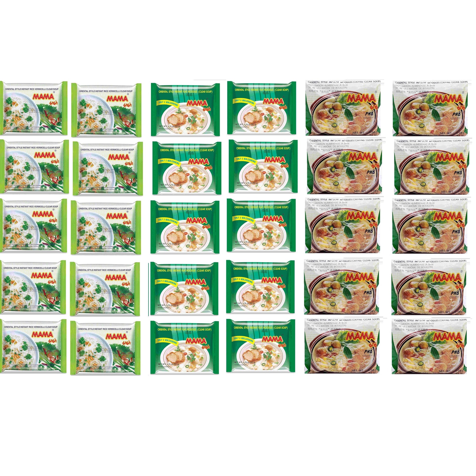 Mama Oriental Style instant noodles Mix Flavor Bundle Package Total 30 Packs (3 Flavor Clear Soup Mix (Flat Noodle, Rice Vermice
