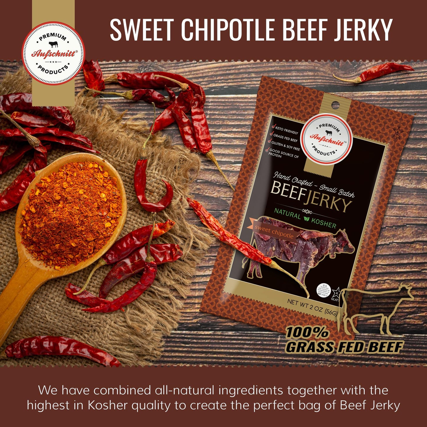 Aufschnitt Grass Fed Beef Jerky - Low Sodium, Certified Kosher - Halal And Keto Friendly - 24 Pack, Sweet Chipotle