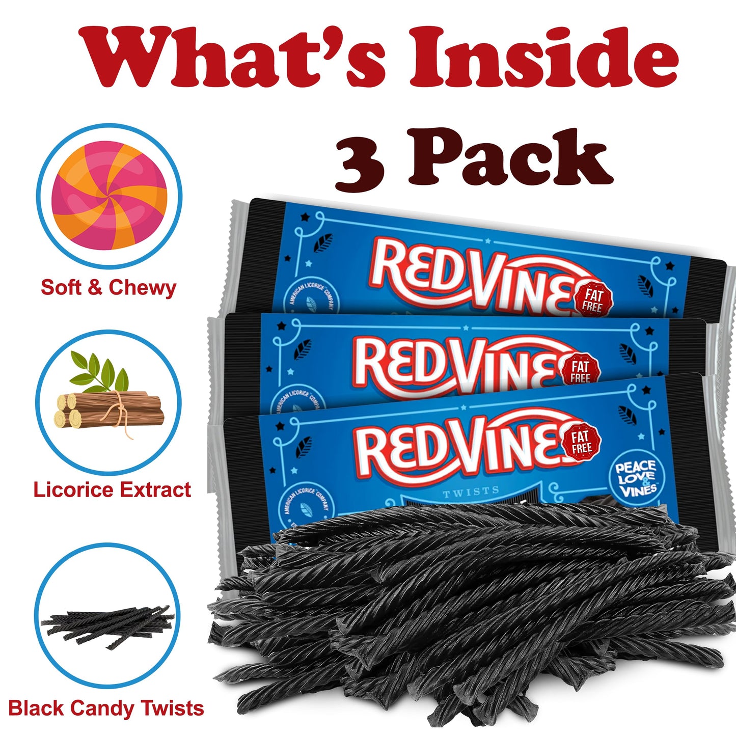 Redvines Black Licorice Twists Chewy Candy, 3 Pack, Original Fat Free Licorice, Soft Black Licorice Flavor Candy Movie Tray, Bul
